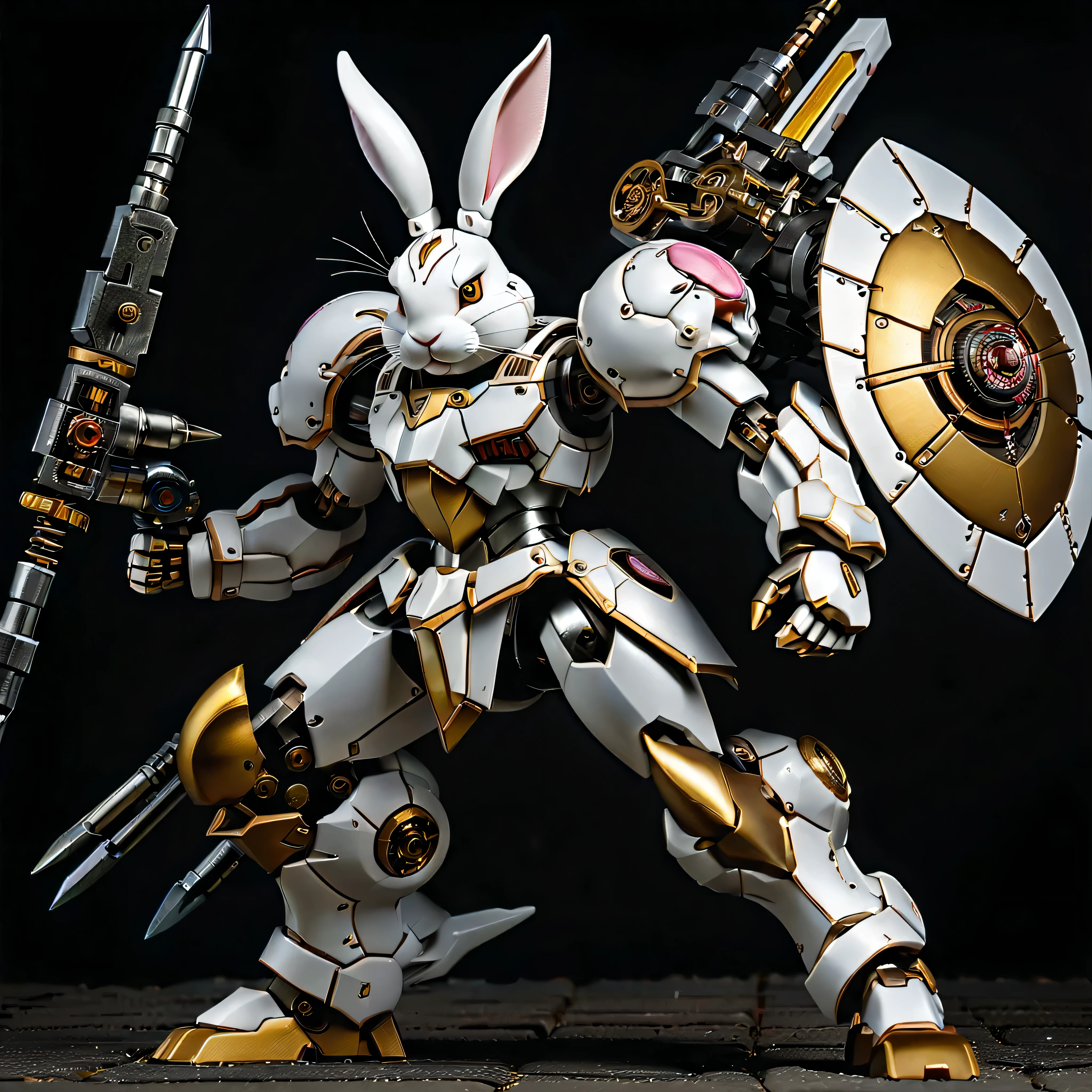 full view, Pure black background, The white and yellow rabbit mecha stood on the ground in a fighting posture, It has a mechanical bunny head and a body made of ultra-precision mechanical parts., Electronic, and metal armor. (Well-designed, high detail, masterpiece, best quality, ultra high definition, Sharpen details, Metallic feeling)