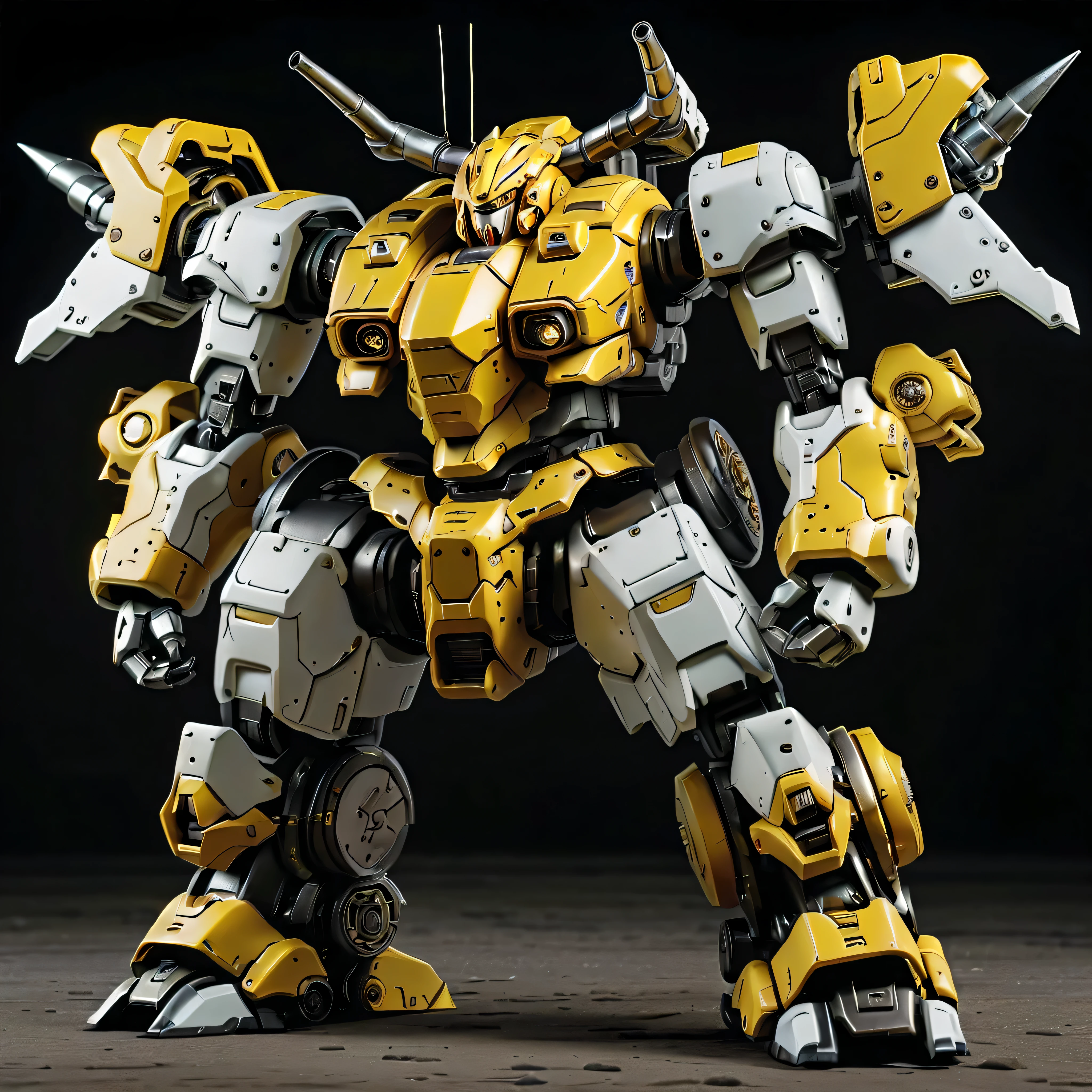 full view, Pure black background, There is a white and yellow bull mecha standing on the ground.,Get into fighting stance, Featuring a mechanical bull-shaped head and a body composed of ultra-precision mechanical parts, Electronic, and metal armor. (Well-designed, high detail, masterpiece, best quality, ultra high definition, Sharpen details, ,Metallic feeling),Hour, (Heavy mecha:1.4), (hawken:1.4)
