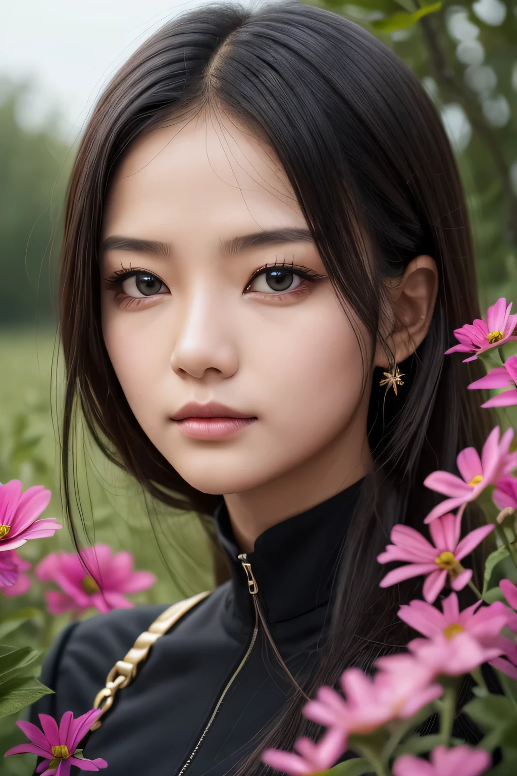 8k、High resolution、female warrior fashion、beautiful girl、black combat uniform、young、white skin,、narrow eyes,high nose,lighting that illuminates the face、clear image、intellectual beauty、skinny、no makeup、anxious look、lighting that illuminates the face,shining hair、single eyelid,blue eyes、in the flower field、vivid pose