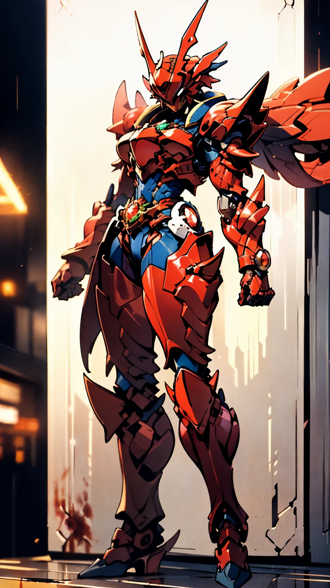A woman adorned in fantasy-style full-body armor, a crown-concept fully enclosed helmet that unveils only her eyes, a composite layered chest plate, fully encompassing shoulder and hand guards, a lightweight waist armor, form-fitting shin guards, the overall design is heavy-duty yet flexible, ((the armor gleams with a golden glow, complemented by red and blue accents)), exhibiting a noble aura, she floats above a fantasy-surreal high-tech city, this character embodies a finely crafted fantasy-surreal style armored hero in anime style, exquisite and mature manga art style, (Queen bee mixed with Spider concept Armor, plasma, blood), ((Element, energy, elegant, goddess, femminine:1.5)), metallic, high definition, best quality, highres, ultra-detailed, ultra-fine painting, extremely delicate, professional, anatomically correct, symmetrical face, extremely detailed eyes and face, high quality eyes, creativity, RAW photo, UHD, 32k, Natural light, cinematic lighting, masterpiece-anatomy-perfect, masterpiece:1.5