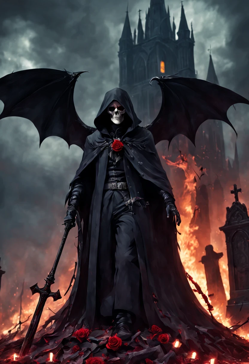 (Messenger from hell:1.4),cross,one个巨大的死神,View of sickle from below,hell,magma,flame,(紫色flame:1.3),There is fresh Blood on the ground,Blood pool,dripping Blood,Gothic aesthetics,one、Rose、castle、cross、Blood、churchyard,gothic style的神秘、solemn and profound,gothic style,gothic style蕾丝的衣服、象征浪漫的Rose、grave、吸Blood鬼、witch、ruins、gothic cathedral,Gothic symbols series