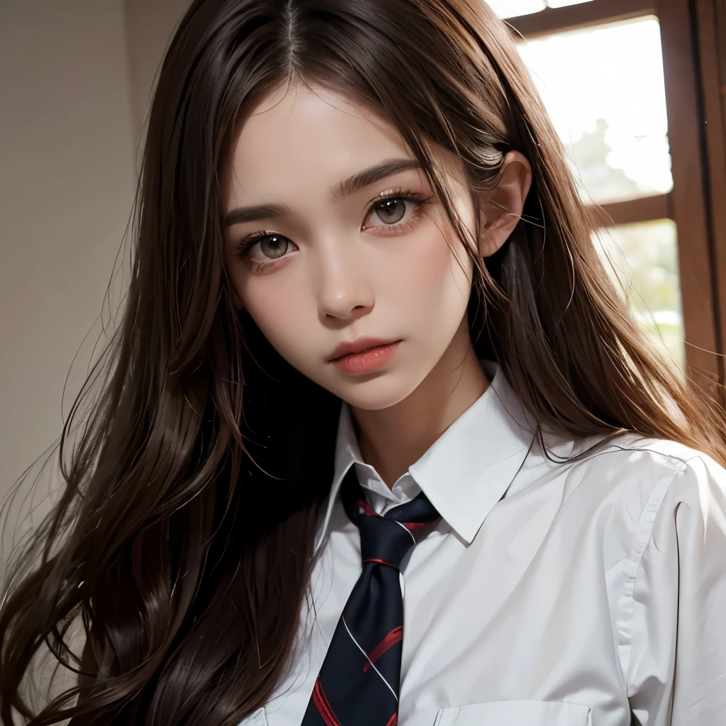 a young girl, big green eyes, round face, small nose, big lips, long purple hair, long eyelashes, pale skin, red cheeks, split chin, Green plaid skirt, long-sleeved white blouse, high socks, school shoes, naughty face, f/16, Canon, from below, Fujicolor, ray tracing, 16k, 8k, highres, best quality, award winning, high quality, high details, super detail, textured skin, anatomically correct, masterpiece, accurate