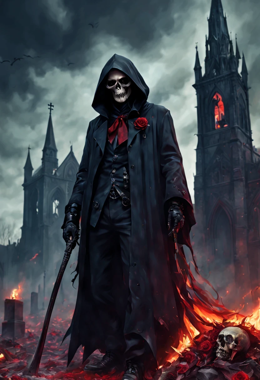 grim reaper as music conductor, elegant wearing ....dramatic colored, dramatic atmosphere .....Majority - red, white , black