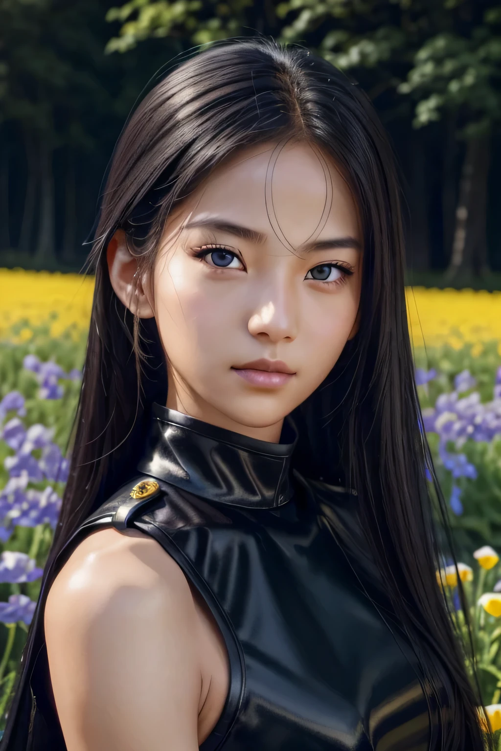 ８ｋ、High resolution、female warrior fashion、beautiful girl、black combat uniform、young、white skin,、narrow eyes,high nose,lighting that illuminates the face、clear image、intellectual beauty、skinny、no makeup、anxious look、lighting that illuminates the face,shining hair、single eyelid,blue eyes、in the flower field、vivid pose