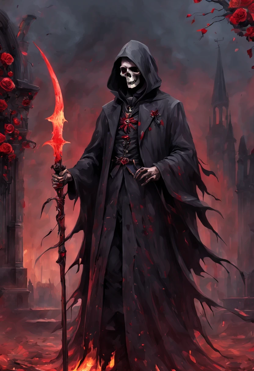 Arafudo Images，One was wearing a black robe、Woman holding a red rose, Blood splatter，Pool of blood，cross，Gothic elements，the grim Reaper, grim Reaper, Beautiful male grim Reaper, Harvesting as a scary, portrait of grim Reaper, Harvesting in overwatch, Omen of Death, punk grim Reaper, reminded me of the grim Reaper, Harvesting, grim Reaper, (Blood splatter:1.5)