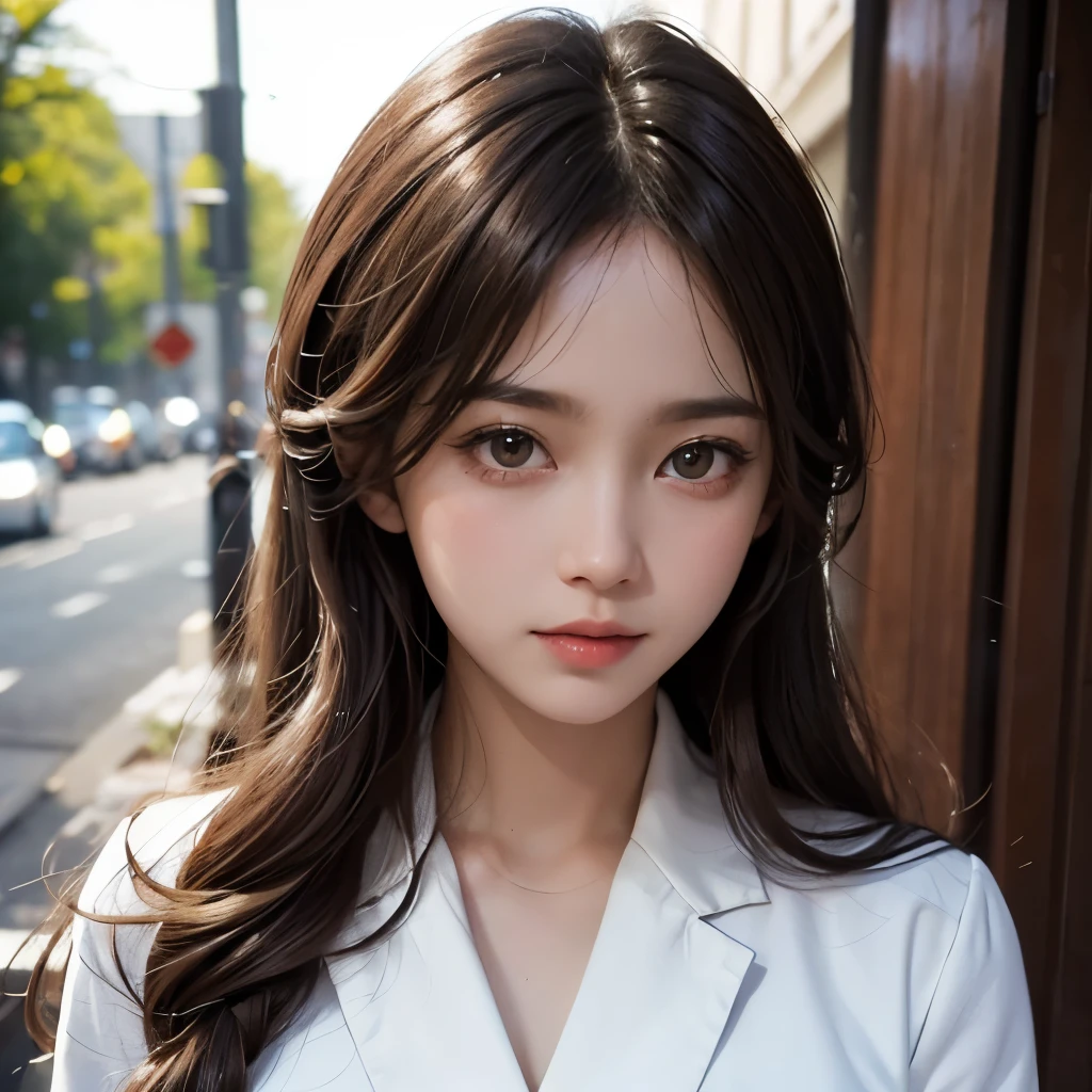 Girl, long brown hair, gray eyes, sharp features, white skin, wavy hairstyle, formal school uniform