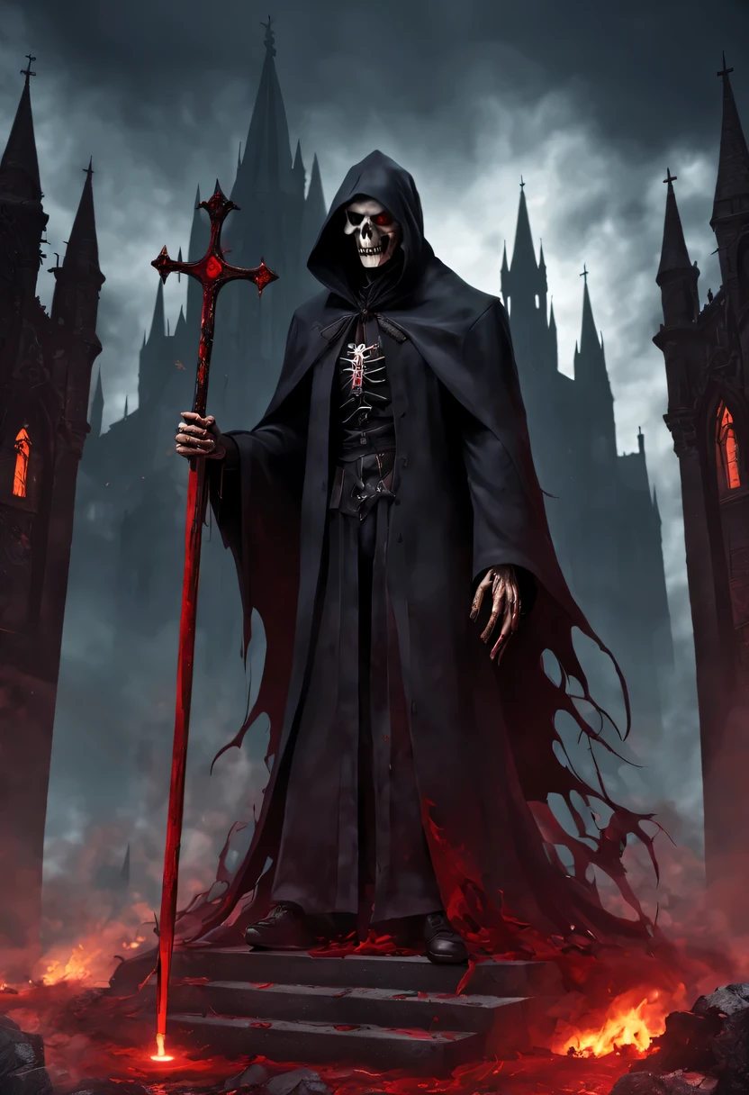 （Messenger from hell：1.4），one个巨大的死神，View of sickle from below，hell，magma，flame，（紫色flame：1.3），There is fresh Blood on the ground，Blood pool，dripping Blood，Gothic aesthetics，one、Rose、castle、cross、Blood、churchyard，gothic style的神秘、solemn and profound，gothic style，gothic style蕾丝的衣服、象征浪漫的Rose、grave、吸Blood鬼、witch、ruins、gothic cathedral，Gothic symbols series
