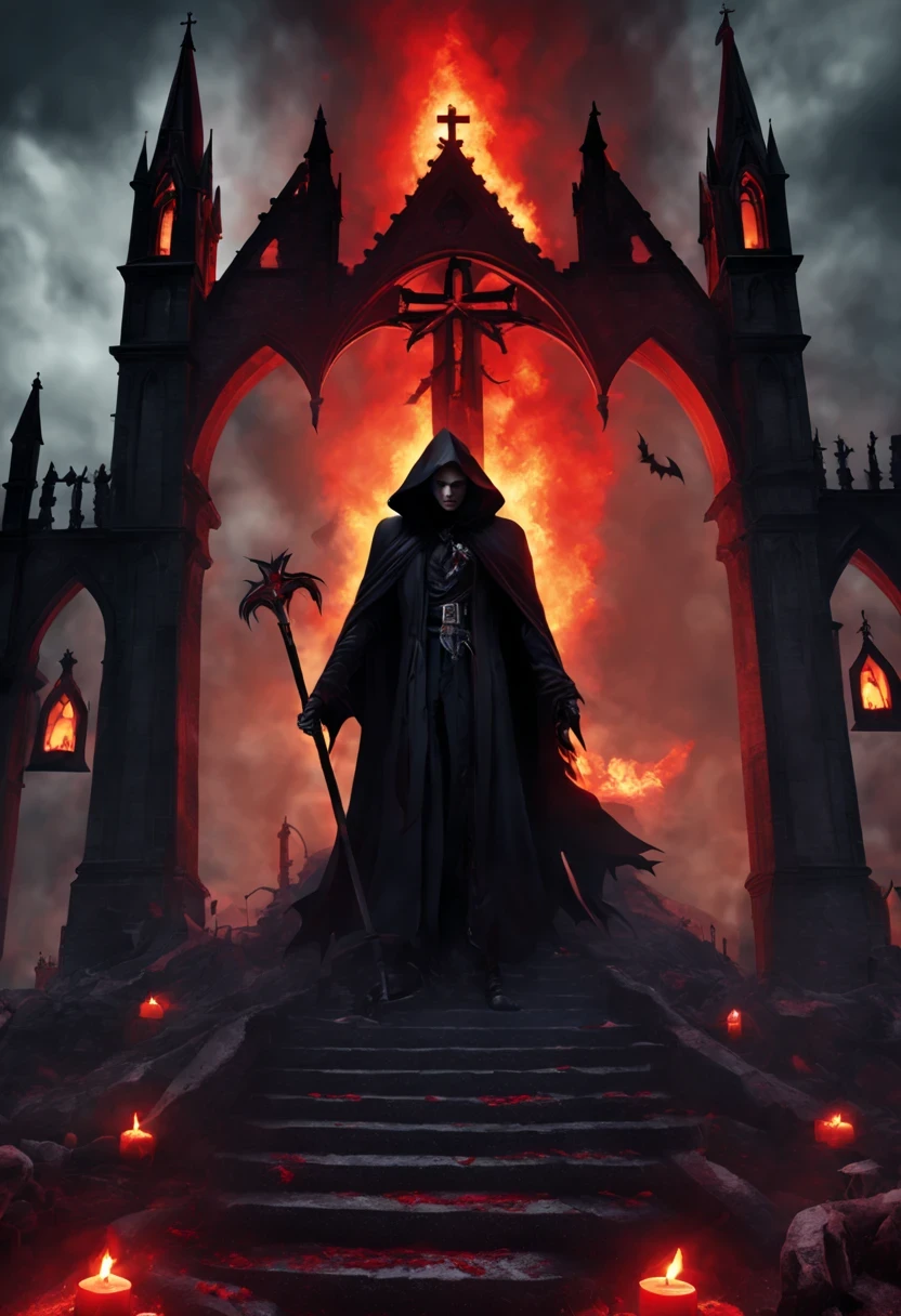 （Messenger from hell：1.4），one个巨大的死神，View of sickle from below，hell，magma，flame，（紫色flame：1.3），There is fresh Blood on the ground，Blood pool，dripping Blood，Gothic aesthetics，one、Rose、castle、cross、Blood、churchyard，gothic style的神秘、solemn and profound，gothic style，gothic style蕾丝的衣服、象征浪漫的Rose、grave、吸Blood鬼、witch、ruins、gothic cathedral，Gothic symbols series
