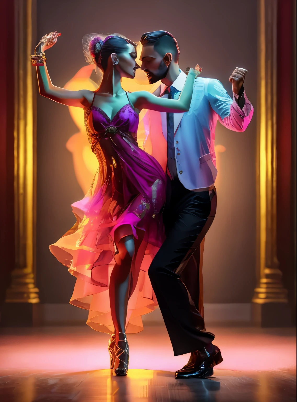 araffa couple of dancers in ballroom pose, 8k sensory lighting, WLOP and Andrey Ryabovichev, advertising render, sensual dance, elegant cinematic pose, Couple dancing, by Aleksander Kotsis, stunning digital illustration, fan art, salsa dancing, salsa social dance, sexy pose, deviantart artstation cgscosiety