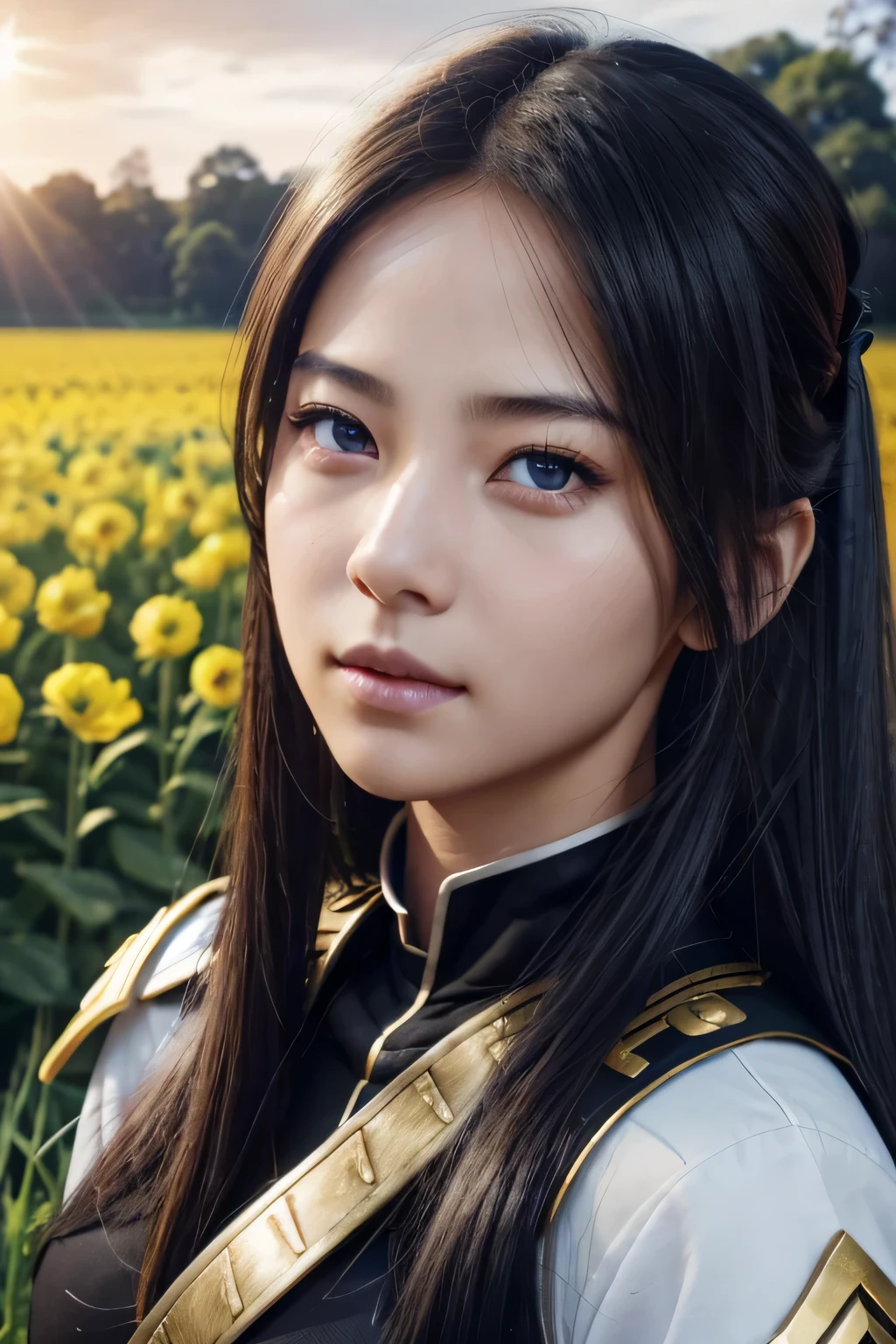 ８ｋ、High resolution、female warrior fashion、beautiful girl、black combat uniform、young、white skin,、narrow eyes,high nose,lighting that illuminates the face、clear image、intellectual beauty、skinny、no makeup、anxious look、lighting that illuminates the face,shining hair、single eyelid,blue eyes、in the flower field、vivid pose