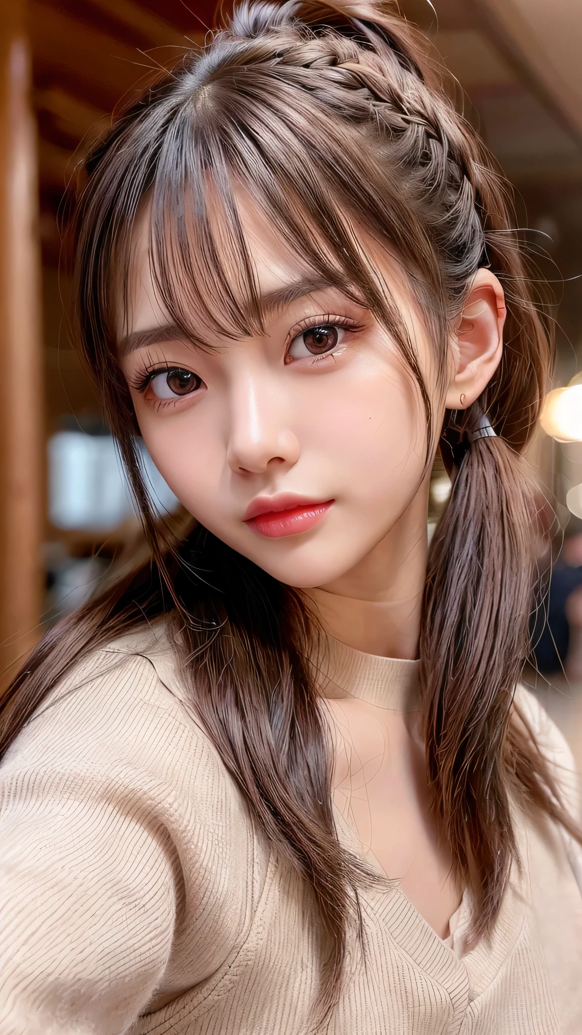 blush,,small breasts,winter,european cityscape,long hair ponytail,winter clothes,brown coat with collar,long skirt,close up of face,((8K, Raw photo, best quality, muste piece:1.2), (Reality, photorealistic:1.4), (Highly detailed 8K wallpaper), Depth of the bounds written, cinematic lighting, soft light, detailed beauty eye,Shiny and smooth light brown ponytail, asymmetrical bangs, shiny skin, super detailed skin ,high resolution, high detail, detailed hairstyle, detailed beauty face, hyper real, perfect limbs, perfect anatomy ,1 Japanese girl,famous japanese idol, perfect female body,shy smile,short eyelashes,double-edged eyelids,look straight here,Hair style is ponytail,