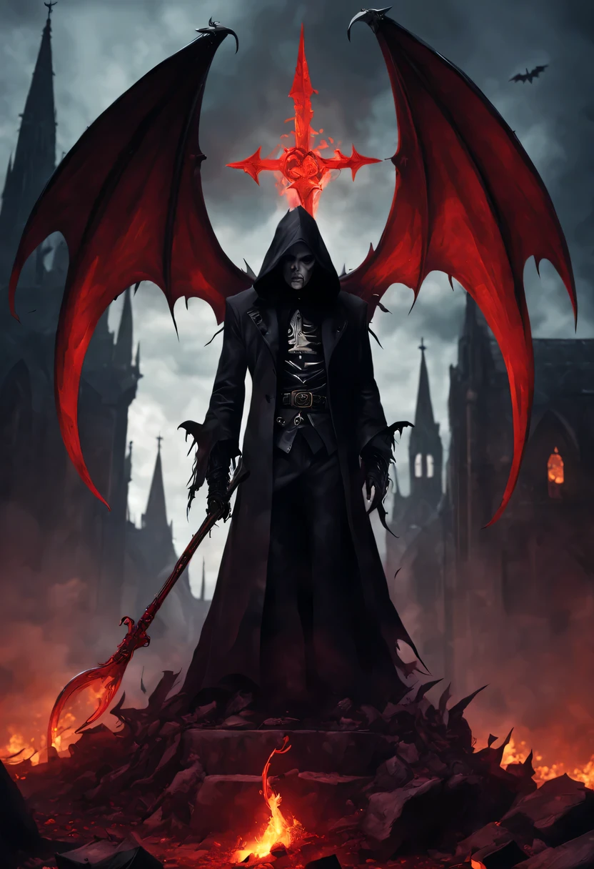 （Messenger from hell：1.4），one个巨大的死神，View of sickle from below，hell，magma，flame，（紫色flame：1.3），There is fresh Blood on the ground，Blood pool，dripping Blood，Gothic aesthetics，one、Rose、castle、cross、Blood、churchyard，gothic style的神秘、solemn and profound，gothic style，gothic style蕾丝的衣服、象征浪漫的Rose、grave、吸Blood鬼、witch、ruins、gothic cathedral，Gothic symbols series