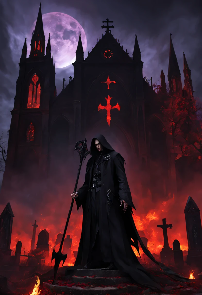 (Messenger from hell:1.4),one个巨大的死神,View of sickle from below,hell,magma,flame,(紫色flame:1.3),There is fresh Blood on the ground,Blood pool,dripping Blood,Gothic aesthetics,one、Rose、castle、cross、Blood、churchyard,gothic style的神秘、solemn and profound,gothic style,gothic style蕾丝的衣服、象征浪漫的Rose、grave、吸Blood鬼、witch、ruins、gothic cathedral,Gothic symbols series