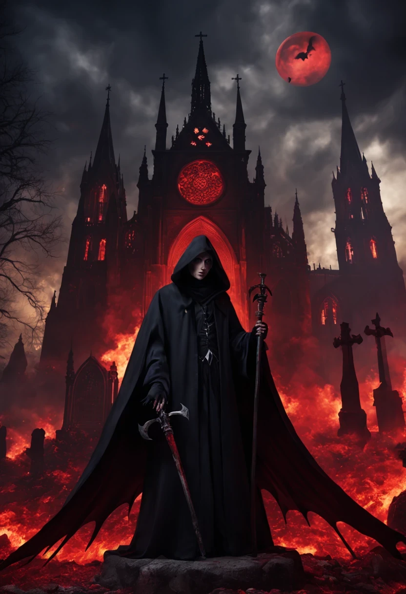 (Messenger from hell:1.4),one个巨大的死神,View of sickle from below,hell,magma,flame,(紫色flame:1.3),There is fresh Blood on the ground,Blood pool,dripping Blood,Gothic aesthetics,one、Rose、castle、cross、Blood、churchyard,gothic style的神秘、solemn and profound,gothic style,gothic style蕾丝的衣服、象征浪漫的Rose、grave、吸Blood鬼、witch、ruins、gothic cathedral,Gothic symbols series