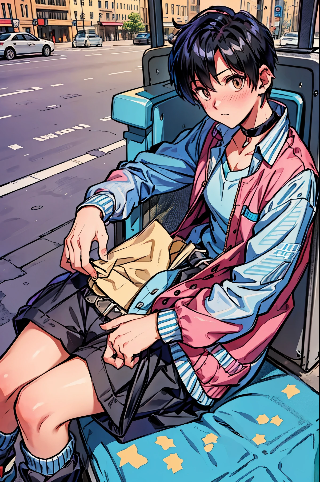 "best quality,ultra-detailed,((background:outside the park1,8)),(one boy),(full body),portraits,((sissy boy,tomboy,FemBoy,trap1,8)),bulge1,8,(natural makeup),black choker,necklace,earrings,(short black hair),boy's face,boys body,((nose-blush)),((shy)),((street-casual-style)),(school-uniform),(vest),(blazer),(sneaker),(he’s having shoulder bags),vibrant colors,soft lighting"