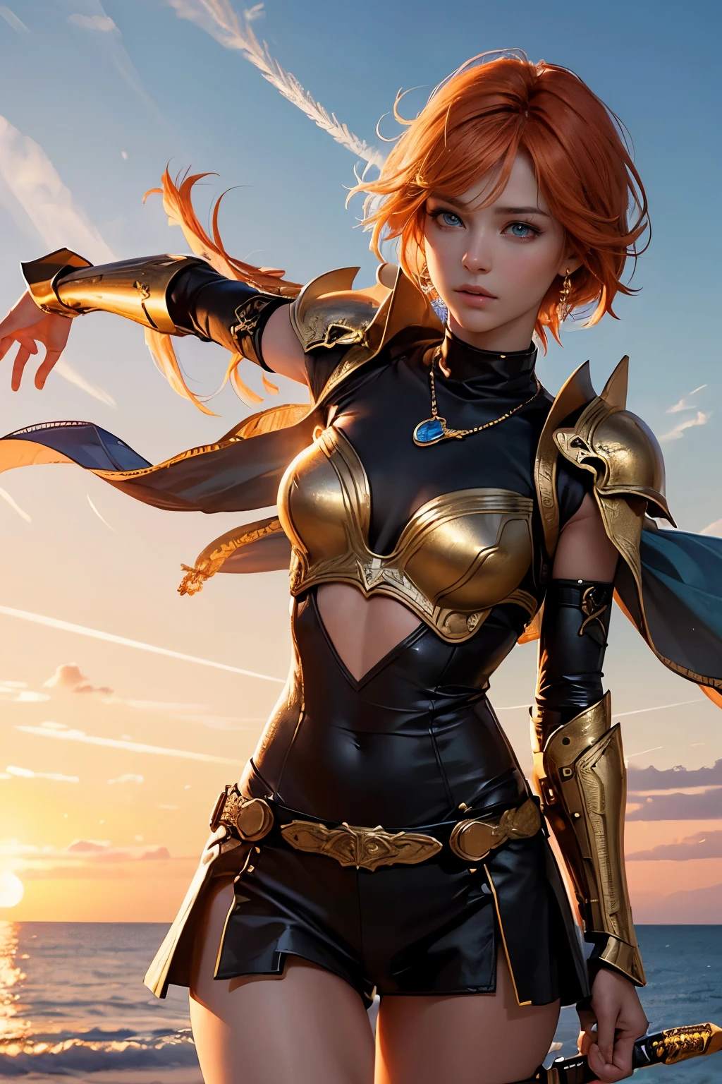 (best quality,4k,8k,highres,masterpiece:1.2),ultra-detailed,(realistic,photorealistic,photo-realistic:1.37),redhead warrior women,short hair,blue eyes,purple armor,gold plating,skin tight,relaxed,neutral expression,purple earrings,large breast,fire magic,holding sword,wind in hair,resting on cliff edge,overlooking the sunset