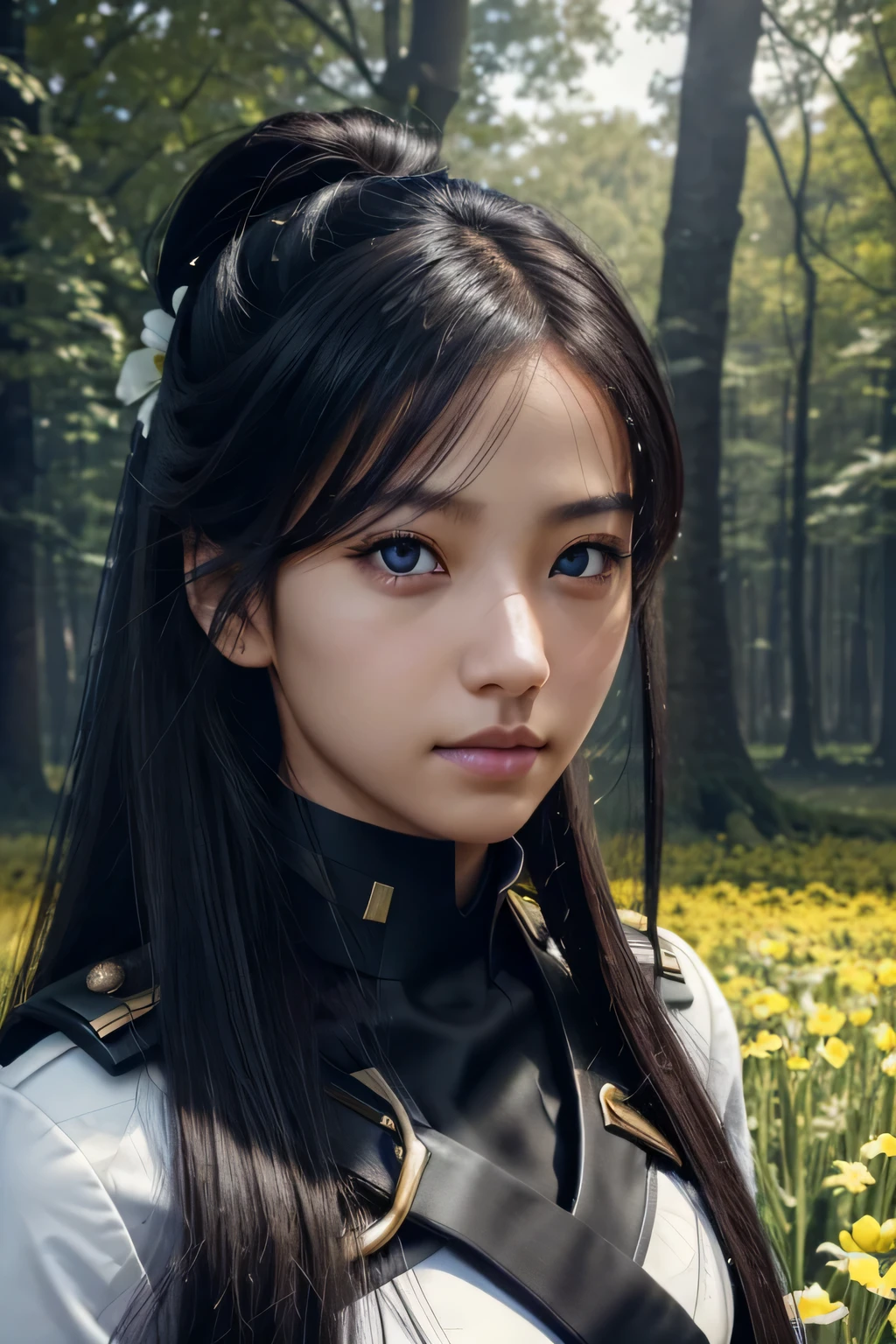 ８ｋ、High resolution、female warrior fashion、beautiful girl、black combat uniform、young、white skin,、narrow eyes,high nose,lighting that illuminates the face、clear image、intellectual beauty、skinny、no makeup、anxious look、lighting that illuminates the face,shining hair、single eyelid,blue eyes、in the flower field、vivid pose