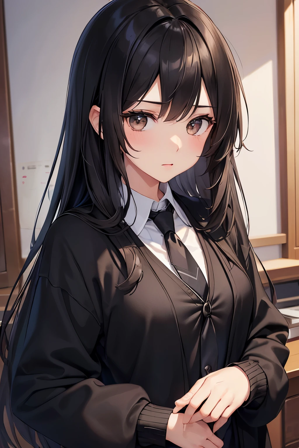 ((highest quality)),(ultra high resolution),(Super detailed),(detailed description),((best CG)),(best work of art),super precision art,great drawing art,(Art with precise details:1.5), Portrait:1.6,bust shot:1.4,(1 woman:1.5),beautiful and well-shaped face:1.5、 Japanese、girl,Slender、small face、brown eyes、tall、 highres,black hair、long hair、classroom、(black cardigan:1.3)、(gray tie:1.3),17 years old、Are standing、Mature