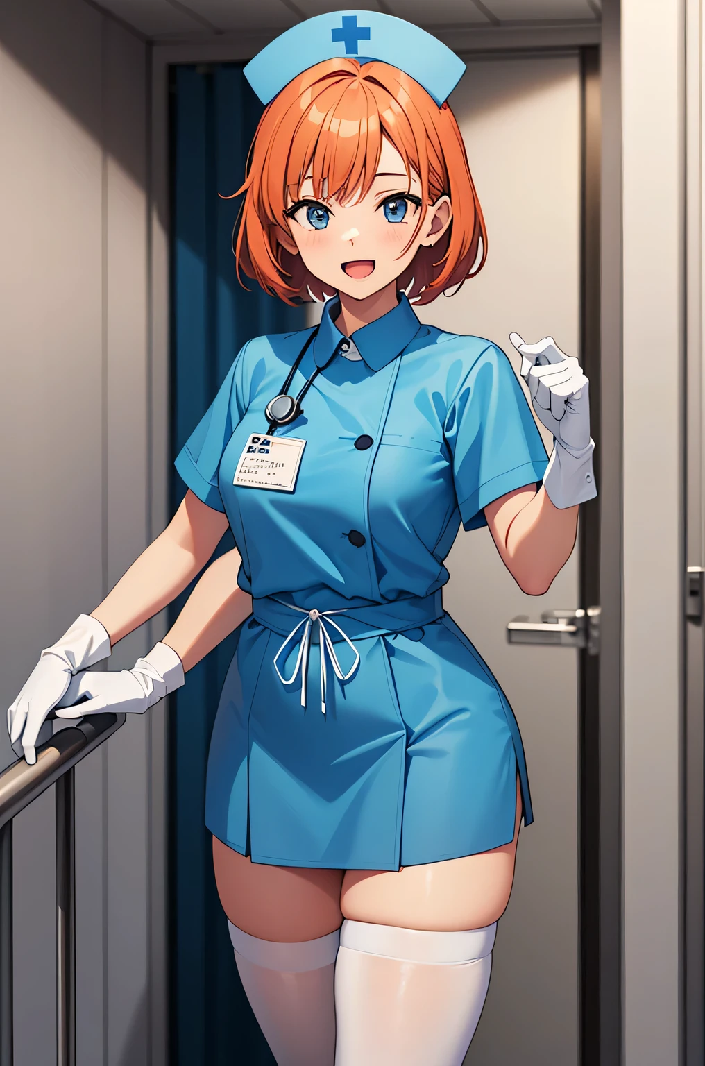 1 girl, alone, nurse, nurse cap, white clothes, ((white legwear, zettai ryouiki)), white gloves, very short hair, orange hair, smile, open your mouth, Are standing, ((hospital room)), sharp outline, short sleeve, Tomboy, boyish, highest quality, masterpiece