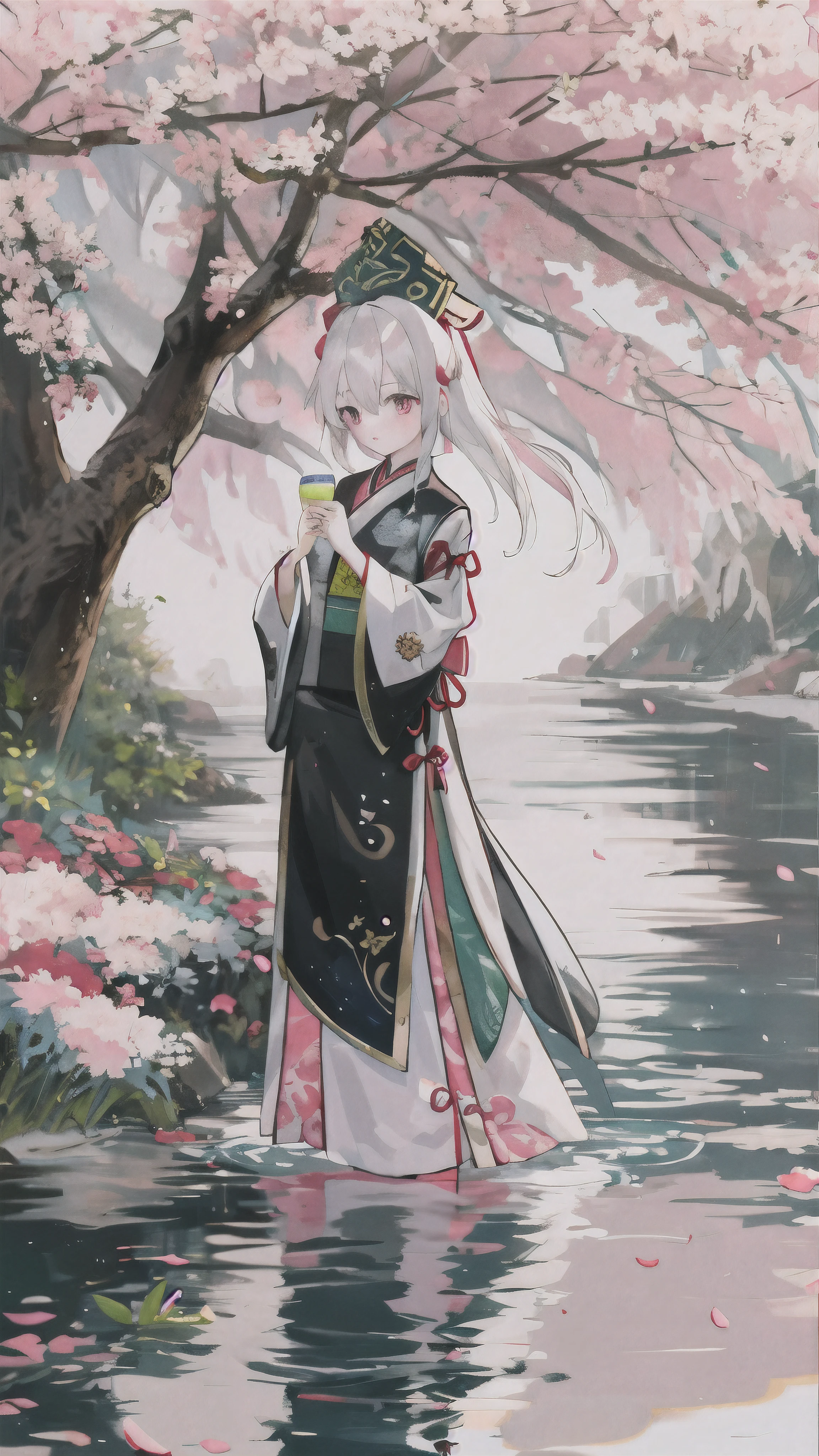 top quality, ink painting style, Fresh and elegant, clear lake water, Cherry blossoms fall with the sunset，white hair, Black cheongsam golden pattern girl, Ride the flower wind to blow your head, A forest dotted with green leaves, birds singing happily, poetic scene
