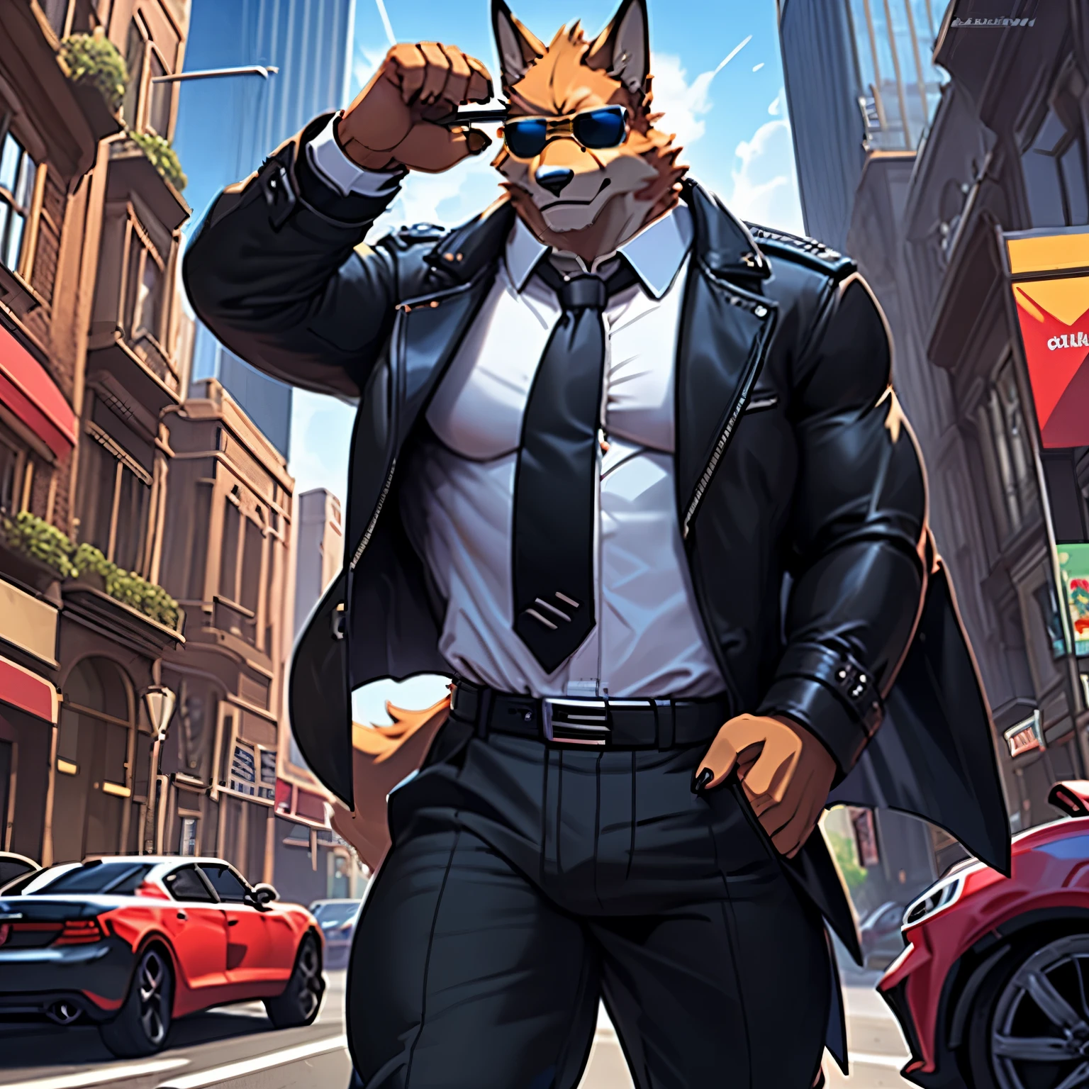 4k, actual, high detail, Super eyes detailed, fashion clothing, Black trench coat, Black pants with belt,White shirt with blue tie，Abdominal muscles looming，fox，Holding a gun，Wearing stylish sunglasses，in the city，Motorbikes next to it