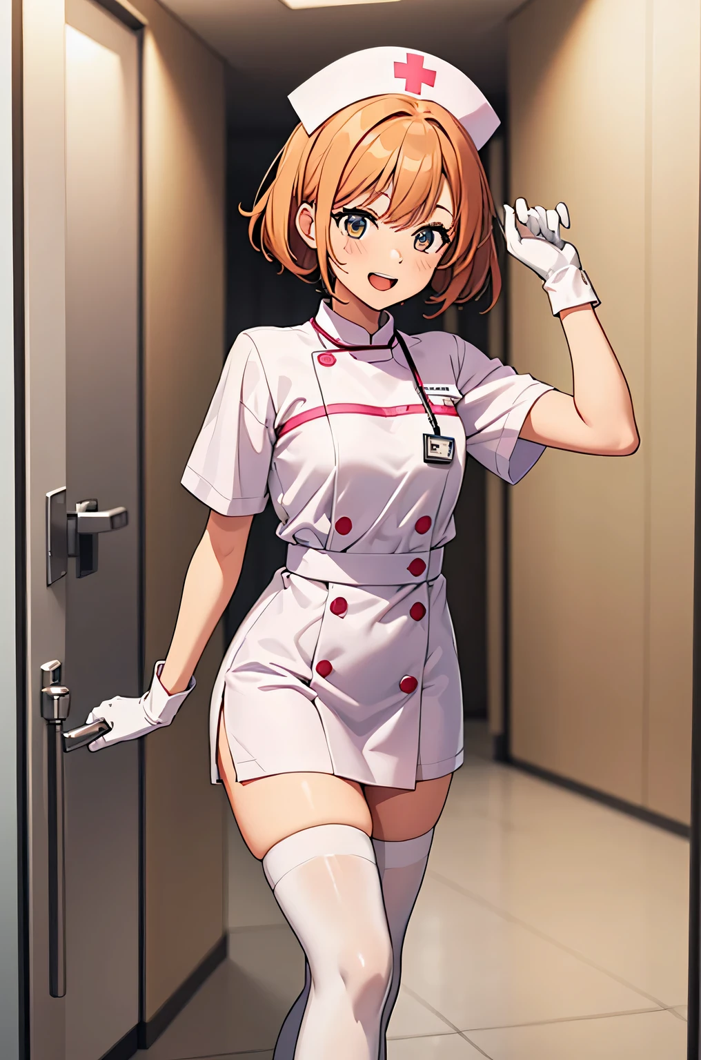 1 girl, alone, nurse, nurse cap, white clothes, ((white legwear, zettai ryouiki)), white gloves, very short hair, orange hair, smile, open your mouth, Are standing, ((hospital room)), sharp outline, short sleeve, Tomboy, boyish, highest quality, masterpiece