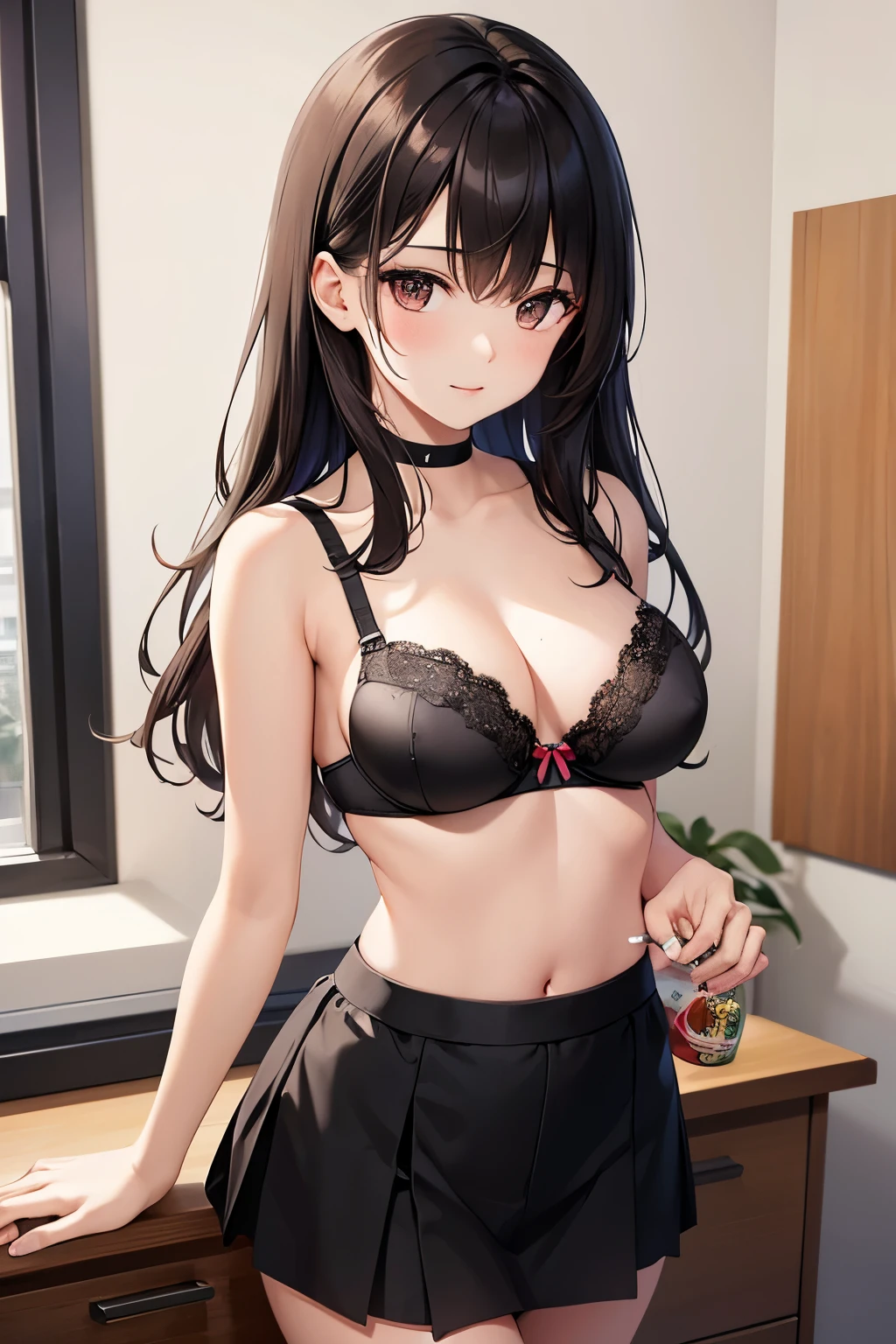 ((highest quality)),(ultra high resolution),(Super detailed),(detailed description),((best CG)),(best work of art),super precision art,great drawing art,(Art with precise details:1.5), Portrait:1.6,bust shot:1.4,(1 woman:1.5),beautiful and well-shaped face:1.5、 Japanese、girl,Slender、mole on chest、(black bra:1.4)、small face、brown eyes、tall、 highres,black hair、long hair、classroom、17 years old、(standing facing left:1.2)、Mature、curly hair、black skirt