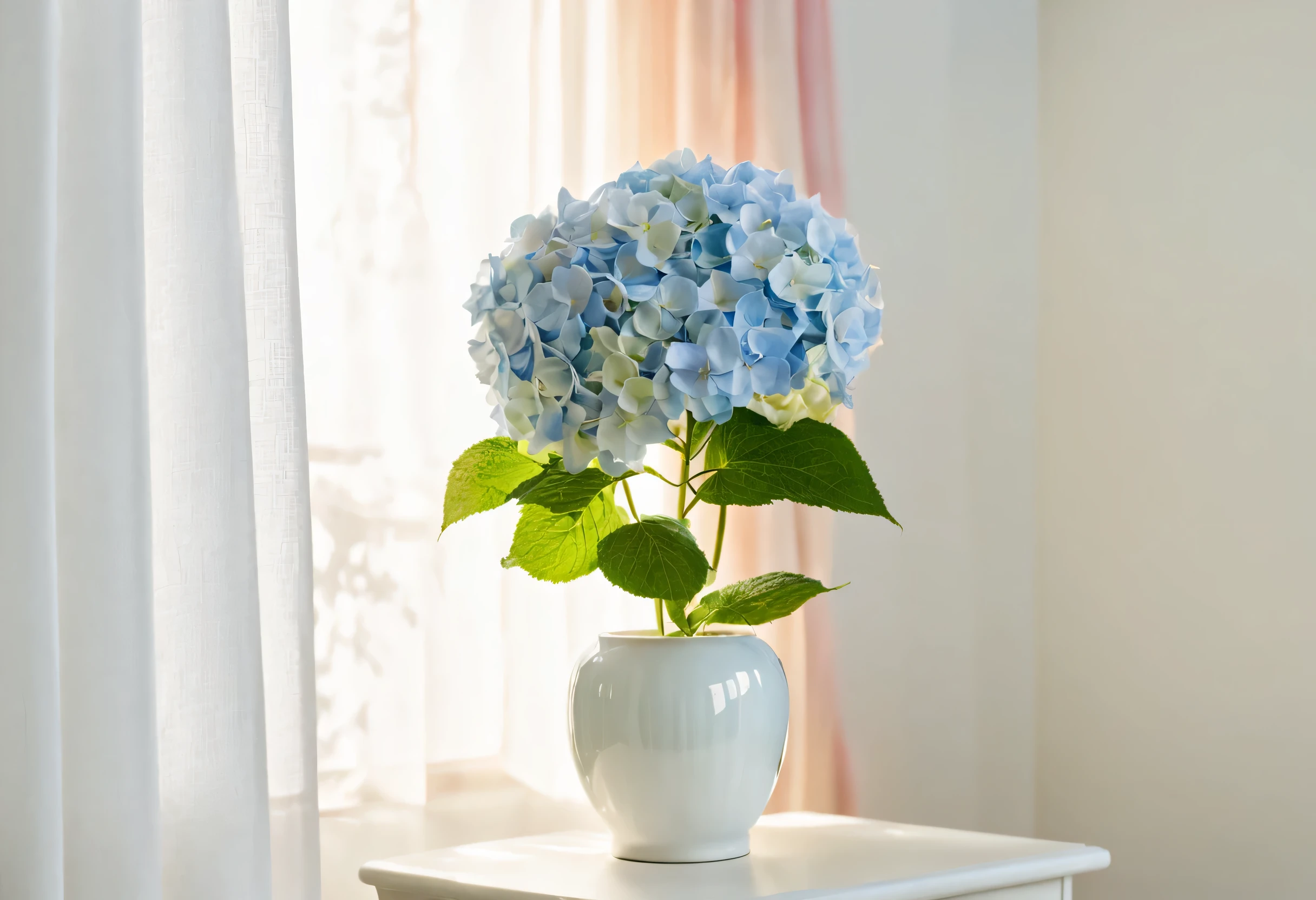 High resolution,8k ultra hd,Minimal color,negative space, hydrangea flower,color is white、gentle pink gradation,Soft Blue, Arranged in a pale cream square vase., The background is a white lime wall,White organdy curtains waving in the wind,under the holy bright sun,early morning light, Perfect rendering from light to shadow