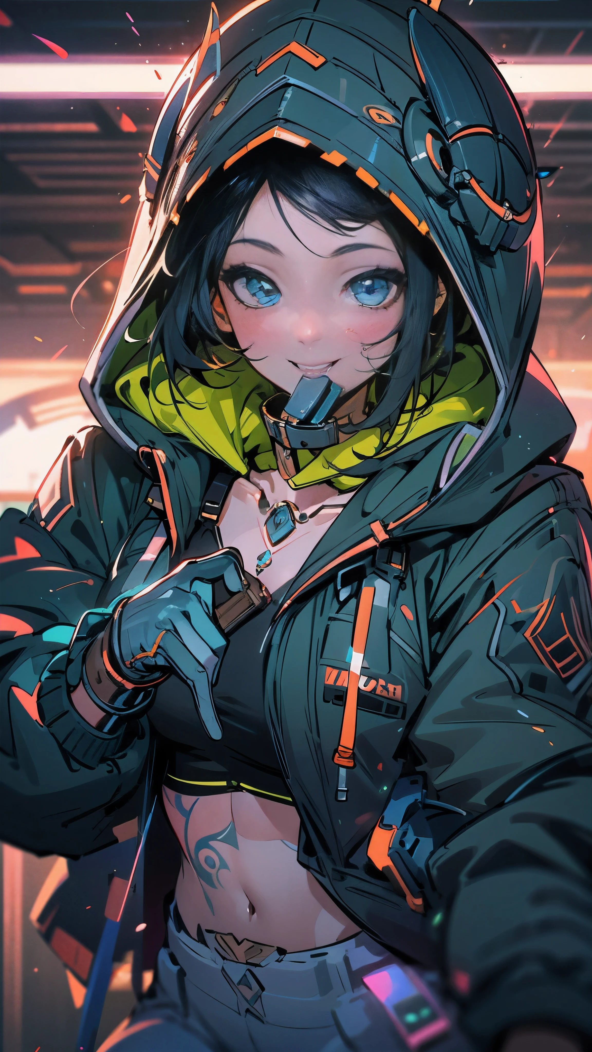 doom \(League of Legends\), 1 girl huge,Pixar style, smilingly，alone, braid, double braid, (blue long hair), surprised expression,tattoo is, (open your eyes:0.9),See the audience, arm tattoo, ease, watch_Shown in_peek watcher, short_hair, Gloves, navel, fail, blue_have eyes, Everlasting, full_Body, arms, footwear, collar, Black_Gloves, diaphragm, hooded, hair_exceed_Do_have eyes, gun, crop_top, Hoodies, Black_Pants, sports shoes, fail_, cropped_jacket, Edited_Shown in_pocket, cyberpunk characters, cropped_Hoodies