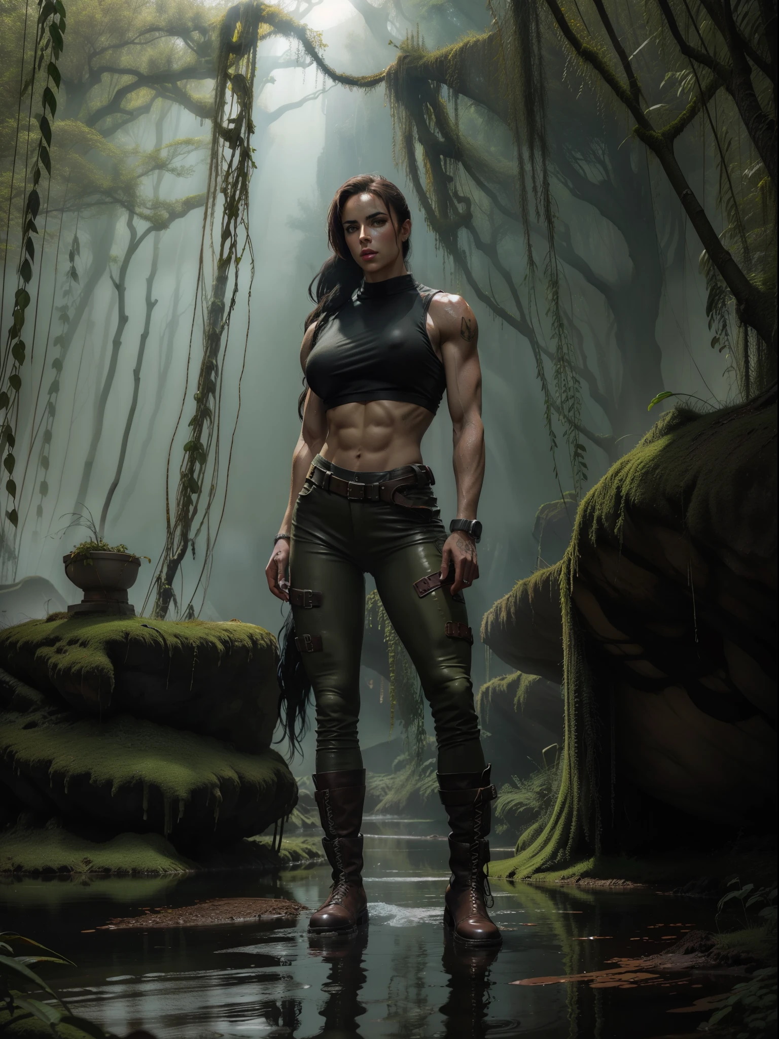 full body lara croft, long brown ponytail, brown eyes, high arched eyebrows, red lips, large breast leather pants, filter sleeveless torn t-shirt deep leather boots in jungle, (Realistic,photoRealistic, photo-Realistic:1.37),Horror, dark and gloomy atmosphere with dramatic lighting, Vivid colors, Foggy surroundings, the trees, covered with moss, detailed facial expression, long wavy hair floats in the water, Reflections on the surface of the water, Eerie fog