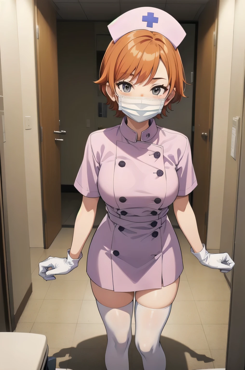1 girl, alone, nurse, nurse cap, white clothes, ((white legwear, zettai ryouiki)), white gloves, very short hair, orange hair, ((white surgical mask, covered nose)), Are standing, ((hospital room)), sharp outline, short sleeve, Tomboy, boyish, highest quality, masterpiece