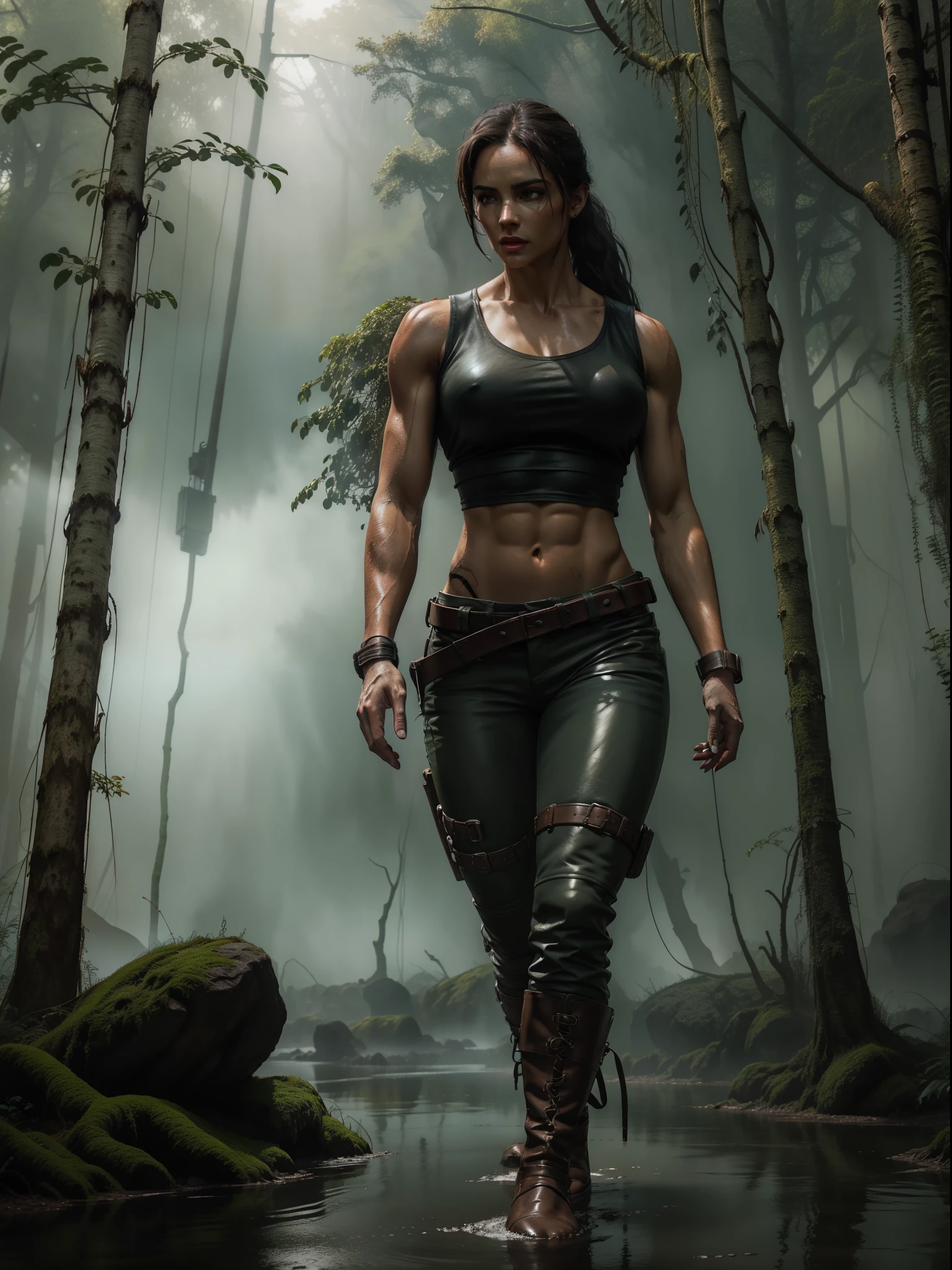 full body lara croft, long brown ponytail, brown eyes, high arched eyebrows, red lips, large breast leather pants, filter sleeveless torn t-shirt deep leather boots in jungle, (Realistic,photoRealistic, photo-Realistic:1.37),Horror, dark and gloomy atmosphere with dramatic lighting, Vivid colors, Foggy surroundings, the trees, covered with moss, detailed facial expression, long wavy hair floats in the water, Reflections on the surface of the water, Eerie fog