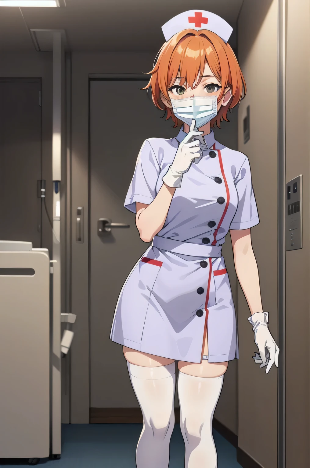 1 girl, alone, nurse, nurse cap, white clothes, ((white legwear, zettai ryouiki)), white gloves, very short hair, orange hair, ((white surgical mask, covered nose)), Are standing, ((hospital room)), sharp outline, short sleeve, Tomboy, boyish, highest quality, masterpiece