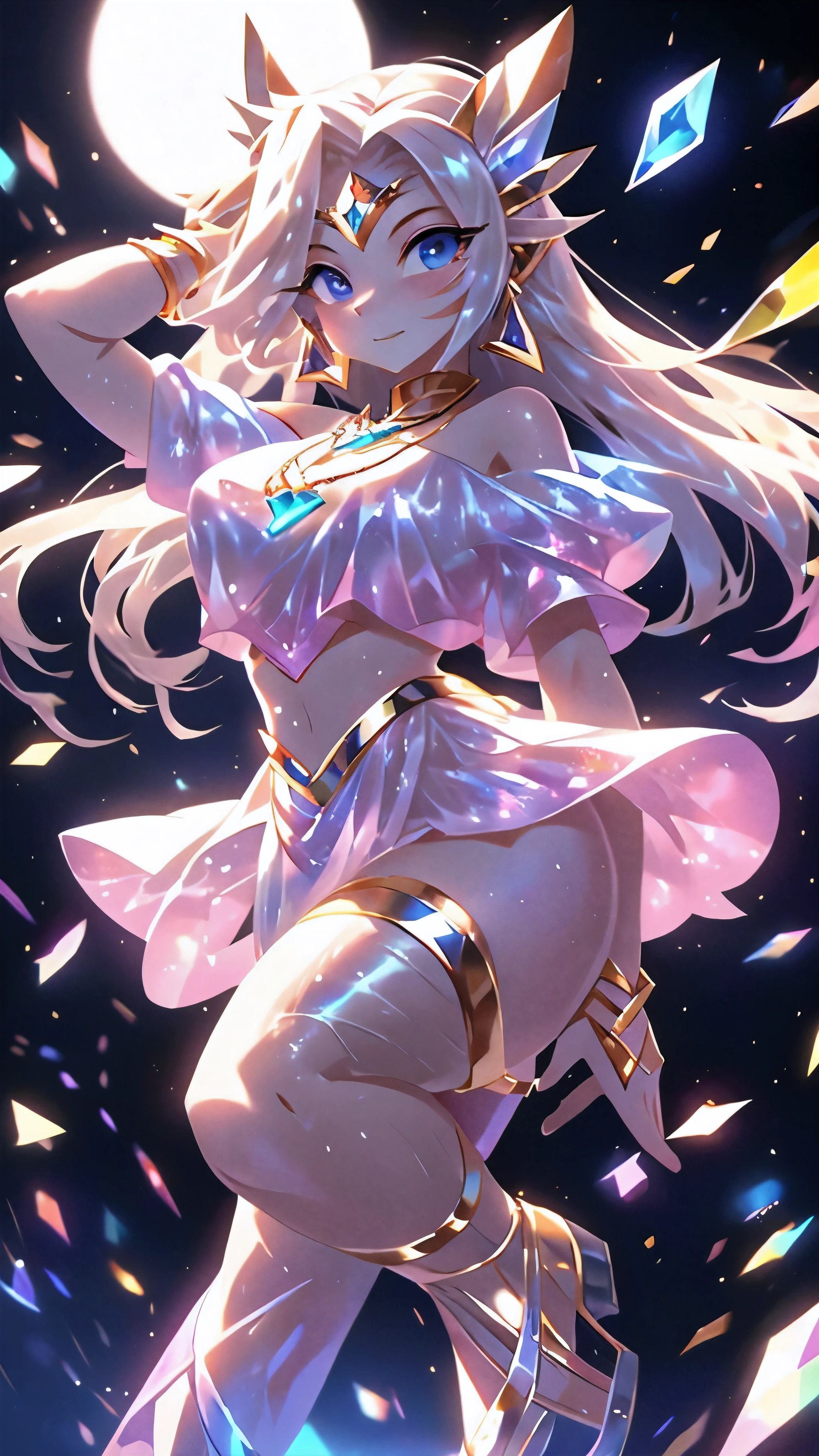 Name: Aurora power supply: The ability to manipulate light and create illusions of color: Golden,Slightly pink clothes: along, Golden飄逸長裙, with pale pink details,look like'is made of light. Glitter detail gold sandals.
Accessories: Sun Pendant Necklace and Crescent Moon Earrings.