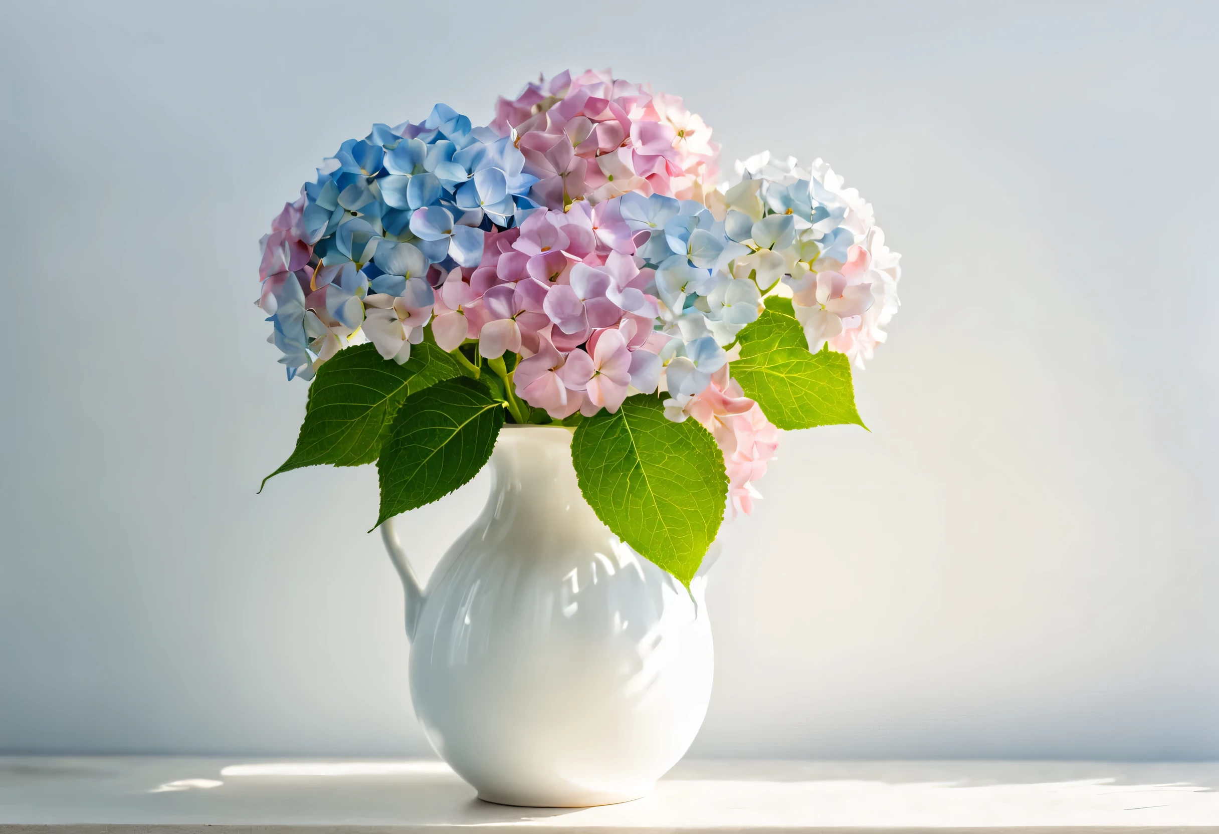 High resolution,8k ultra hd,Minimal color,negative space, hydrangea flower,color is white、gentle pink gradation,Soft Blue, I have been arranging it for a long time, White vase, The background is a white lime wall, under the holy bright sun