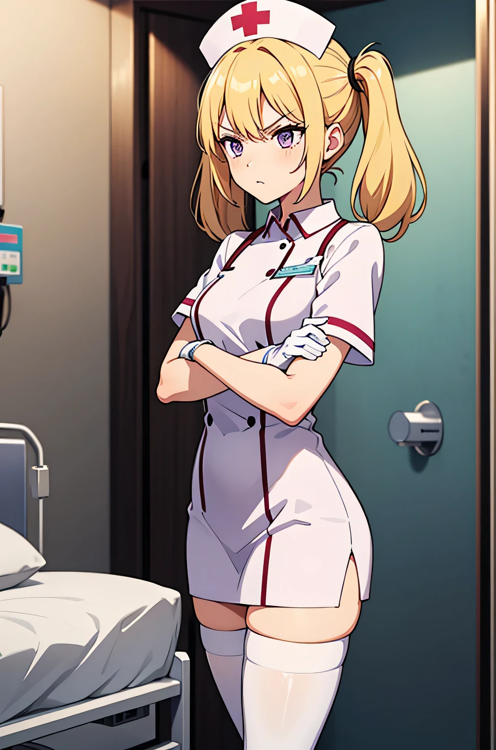 1 girl, alone, nurse, nurse cap, white clothes, ((white legwear, zettai ryouiki)), white gloves, twin tails, yellow hair, purple eyes, anger, crossed arms, Are standing, ((hospital room)), sharp outline, short sleeve, highest quality, masterpiece