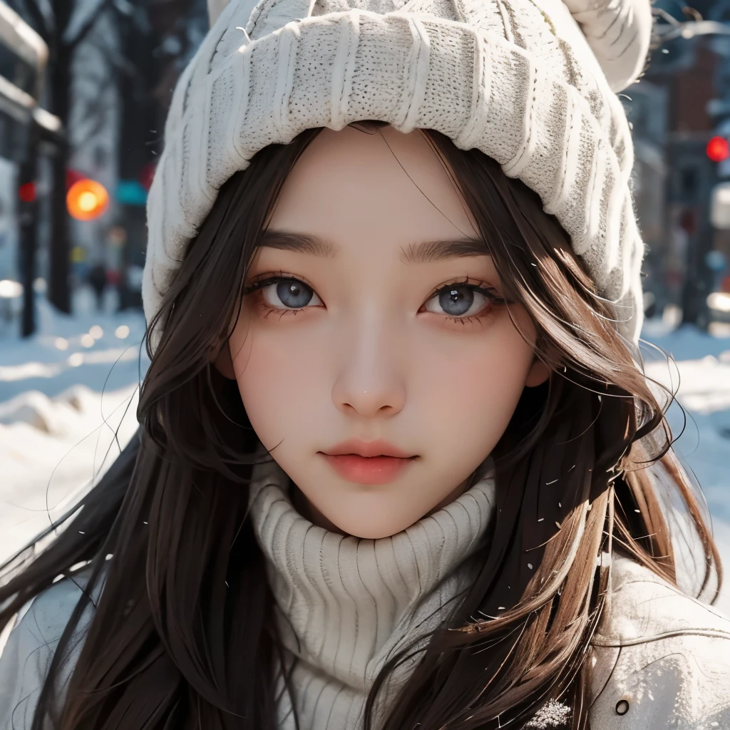 Girl, long brown hair, gray eyes, sharp features, white skin, winter style