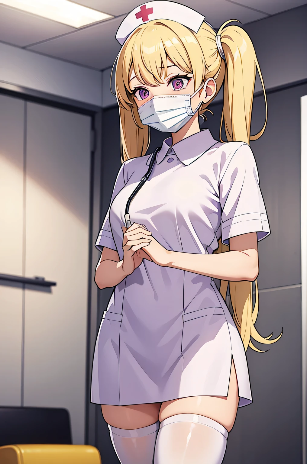 1girl, solo, nurse, nurse cap, white wear, ((white legwear, zettai ryouiki)), white gloves, twintails, yellow hair, purple eyes, ((white surgical mask, covered nose)), standing, ((hospital room)), sharp outline, short sleeves, best quality, masterpiece