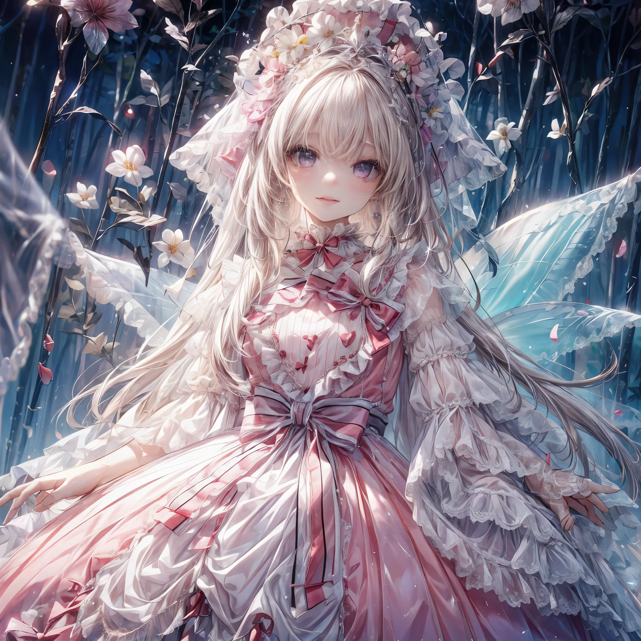 (highest quality, masterpiece, Super detailed, very detailed, exquisite, 16k,Full HD),dramatic lighting, warm lighting, soft lighting, environmental lighting, ((alone:1.5)),From the side,white background,From above,((head shot)),wake up,large amount of flowers,The entire screen is surrounded by flowers,in the forest,(Crystal Forest),(fairy princess, purple eyes, long eyelashes,white skin,slim,Pale pink lip,pale pink cheeks, blonde,thin and long,(thin and high nose,small nose),(腰の少しFrom above巨大な妖精の羽),diamond tiara,diamond earrings,Diamond Choker,white ball gown dress with diamonds, lace and ruffles,(laughter), (fantasy, romantic atmosphere), magic light,