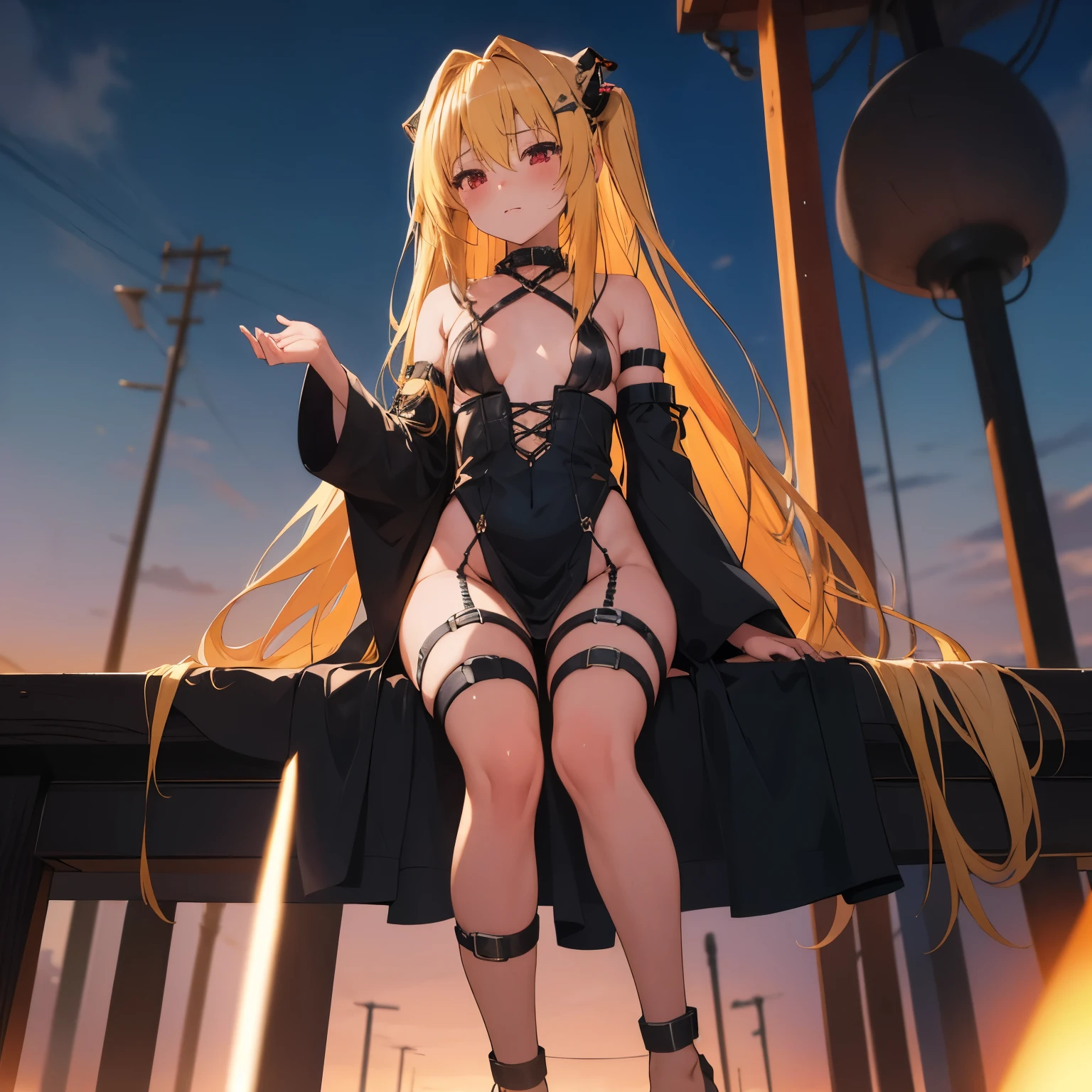 NSFW,masterpiece,highest quality,High resolution,anatomically correct,Fiami,Dark-ish,Yaminor,1 girl,long hair,solo,hair ornaments,two side up,blonde hair,red eyes,small breasts,hair ornaments,removed sleeve, black dress, thigh strap,sitting,legs open,Hands raised above the head,Hands are chained,Wearing handcuffs,I&#39;m in heat,prison