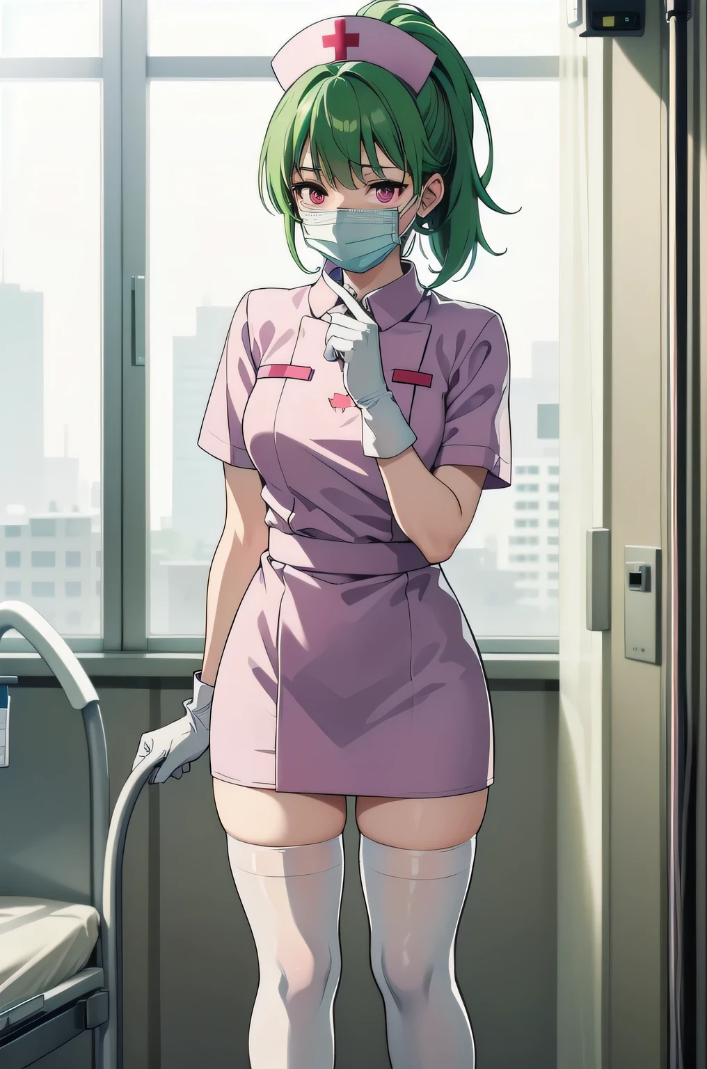 1 girl, alone, nurse, nurse cap, white clothes, ((white legwear, zettai ryouiki)), white gloves, ponytail, green hair, pink eyes, ((white surgical mask, covered nose)), Are standing, ((hospital room)), sharp outline, short sleeve, highest quality, masterpiece