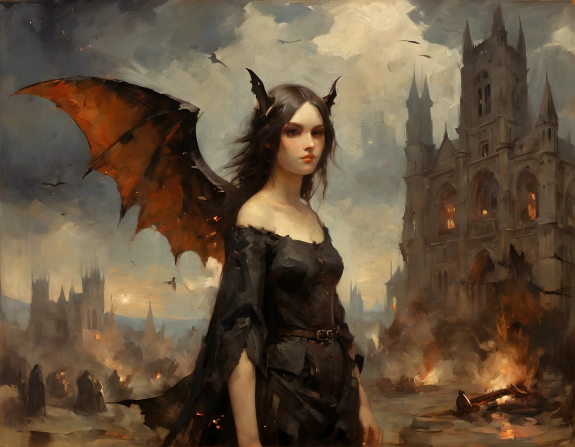 High Resolution, High Quality, Masterpiece Gothic . An oil painting mixing the styles of Master Bertram and Simone Martini and Giotto. A beautiful woman with bat wings. Bonfires . Cathedrals. Detachments on ships . Angels in the clouds. A masterpiece. Full stylization of the Gothic Middle Ages. A masterpiece. oil painting . 2d. 