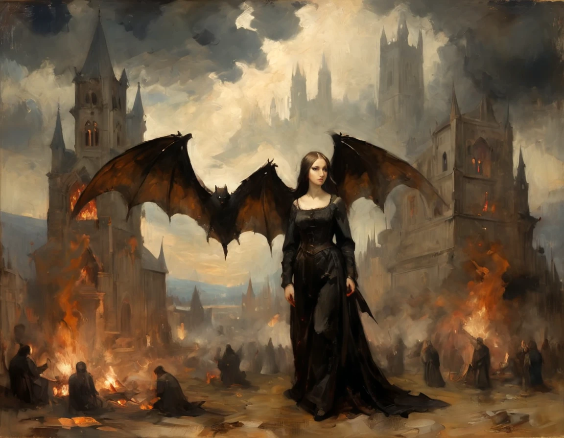 High Resolution, High Quality, Masterpiece Gothic . An oil painting mixing the styles of Master Bertram and Simone Martini and Giotto. A beautiful woman with bat wings. Bonfires . Cathedrals. Detachments on ships . Angels in the clouds. A masterpiece. Full stylization of the Gothic Middle Ages. A masterpiece. oil painting . 2d. 