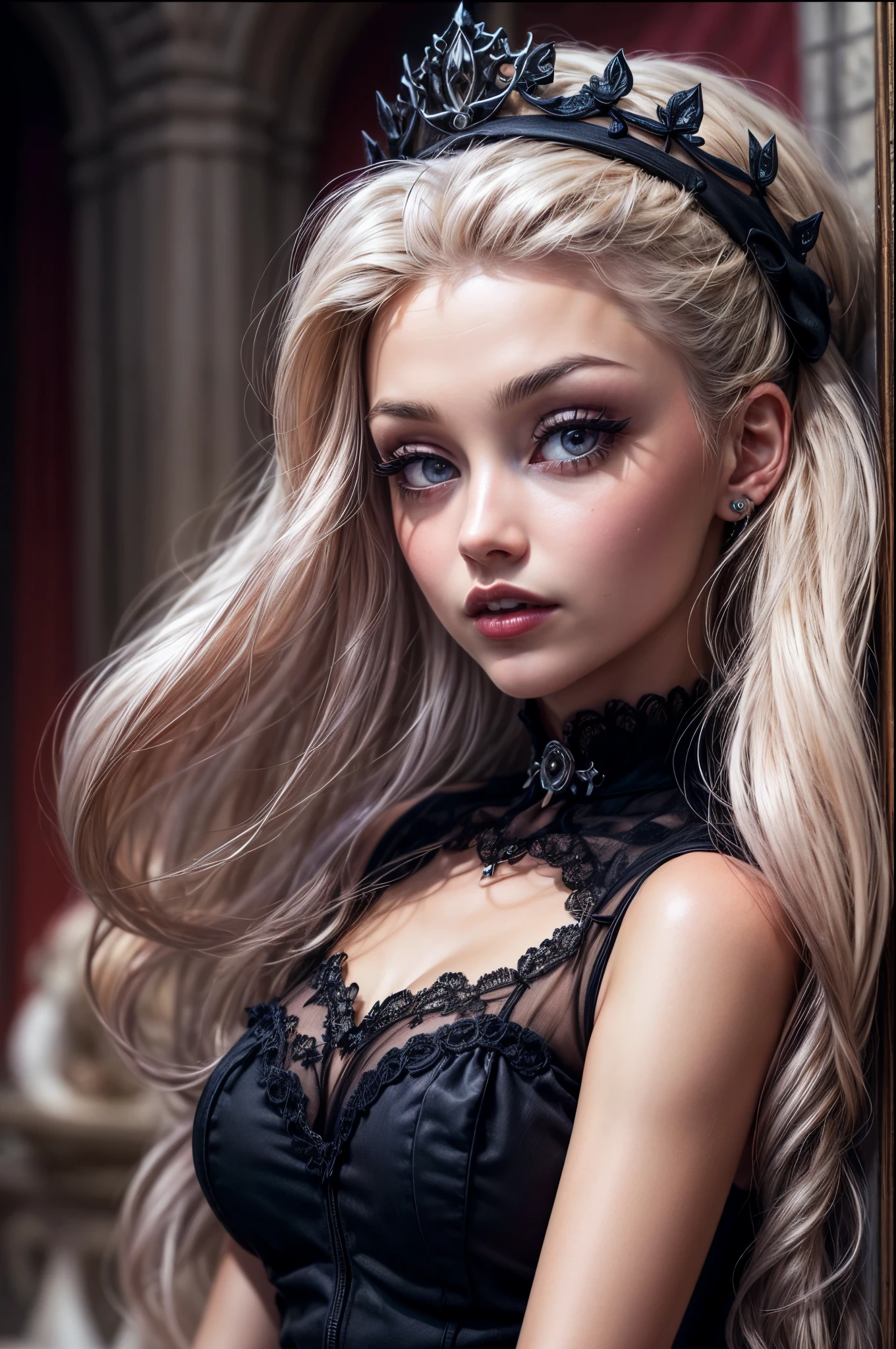 a goth picture of Barbie as a gothic queen (best details, Masterpiece, best quality :1.5), ultra detailed face (best details, Masterpiece, best quality :1.5), ultra feminine (best details, Masterpiece, best quality :1.5), wearing latex black mini dress, black stockings, pink high heels, long braided hair, hair pulled back, blond hair, dynamic goth background (best details, Masterpiece, best quality :1.5), ultra best realistic pictures , best details, best quality, 16k, [ultra detailed], masterpiece, best quality, (extremely detailed), ultra wide shot, photorealism, depth of field, hyper realistic painting