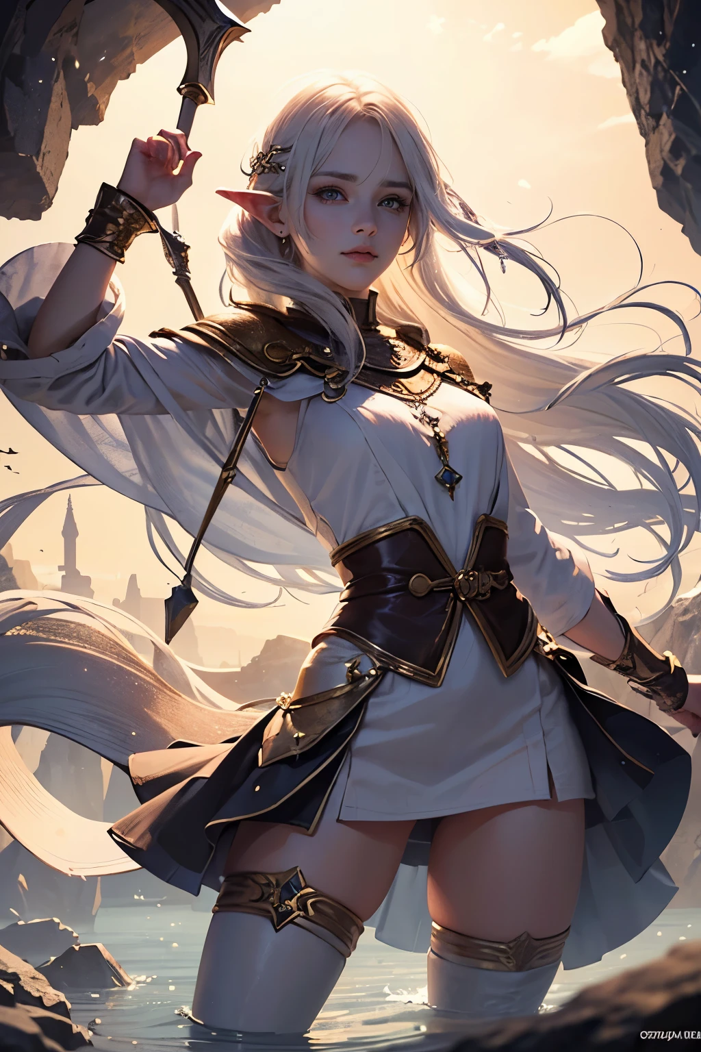 (official art, unity 8k wallpaper, ultra detailed, beautiful and aesthetic, High quality, beautiful, masterpiece, best quality:1.3), (beautiful face, beautiful eyes, skinny skin, oily skin:1.3), (cowboy shot, face focus, close-up face:1.5), (octane render, photorealistic, hyperrealistic:1.5), sunlight, (shiny), (clothes reflecting light), (lens flare), (bloom effect), light particle, (dynamic angle, dynamic pose:1.3), masterpiece, extremely magnificent view, extremely best quality, extremely detailed CG, high resolution, 16k wallpaper, perspective, highly detailed face, highly detailed eyes, perfect anatomy, super detailed skin, (dynamic angle, dynamic pose:1.3), (blowing wind, flowing a hair:1.3), (inside cave background:1.3), (official art:1.5), Cute dwarf girl, White pink hair with very long messy hair, crystal hair ornament, Big eyes with tareme, sparkling brown eyes, pointy ears, with thighs, Brown poncho, White atelier, crystal accessories, cute smile, holding hammer, inside cave,