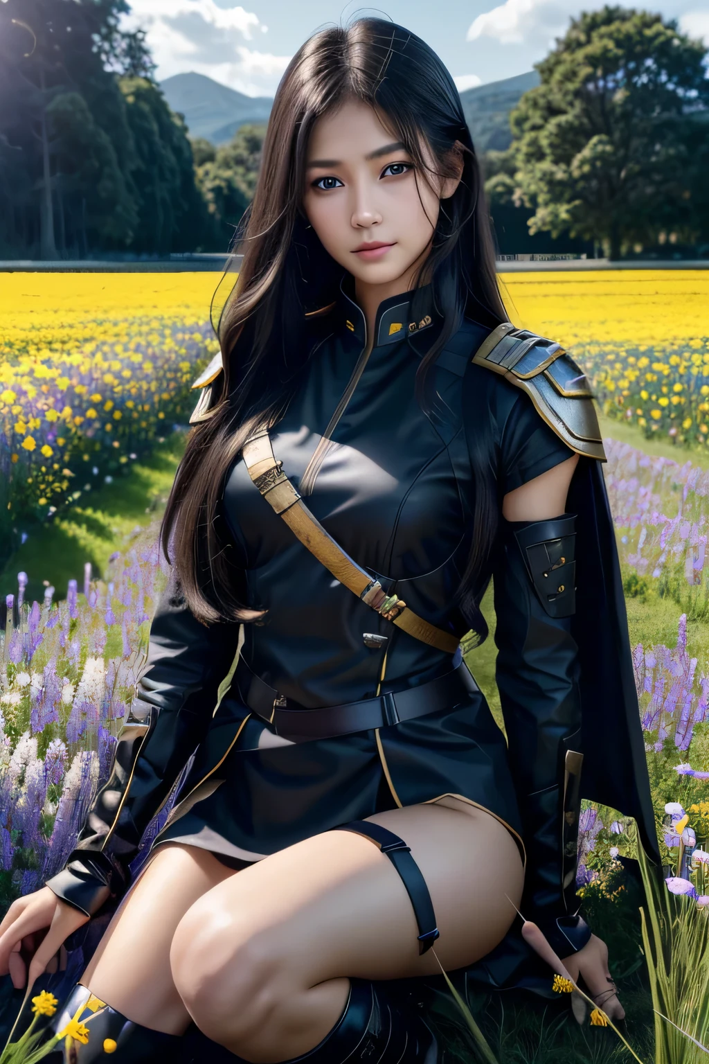 ８ｋ、High resolution、female warrior fashion、beautiful girl、black combat uniform、young、white skin,、narrow eyes,high nose,lighting that illuminates the face、clear image、intellectual beauty、skinny、no makeup、anxious look、lighting that illuminates the face,shining hair、single eyelid,blue eyes、in the flower field、vivid pose