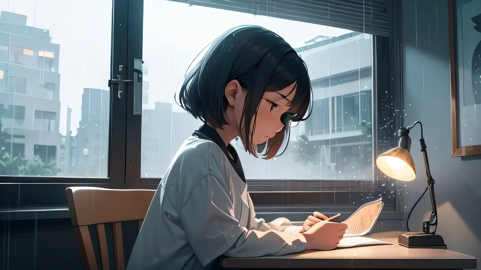 In this captivating scene artificial intelligence meets everyday life, mergulhe no ambiente de um quarto aconchegante em um dia chuvoso. A young woman is studying diligently at a table, surrounded by the soft glow of a table lamp, while raindrops gently hit the pane in the background. The juxtaposition of the girl's focused learning and the gentle sound of rain creates a peaceful environment. through the window, you get a glimpse of the outside world blurred by raindrops, adding a touch of mystery to this AI-infused study paradise. Smart technology integration subtly improves the learning environment, showing how AI seamlessly intertwines with our daily routines