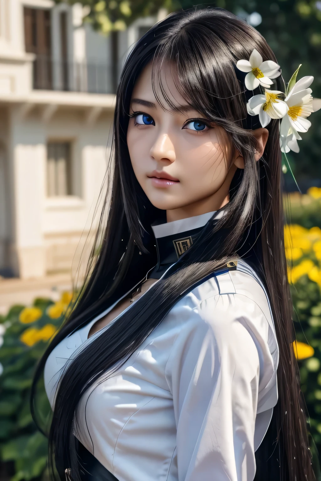 8k、High resolution、female warrior fashion、beautiful girl、black combat uniform、young、white skin,、narrow eyes,high nose,lighting that illuminates the face、clear image、intellectual beauty、skinny、no makeup、anxious look、lighting that illuminates the face,shining hair、single eyelid,blue eyes、in the flower field、vivid pose