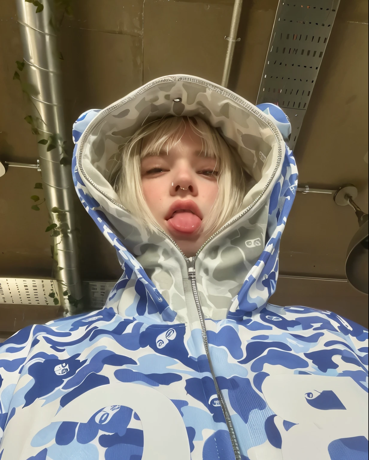 Araffe con una chaqueta de camuflaje azul y blanca con capucha., Billie Eilish, dressed anya taylor - joy, mrbeast, ella lleva ropa de calle, flequillo blanco, flequillo blanco, she parece una mezcla de mugre, parece una mezcla de mugre, shikami, anya_taylor-joy, parecido a una mezcla de mugre, Anya Taylor-Joy