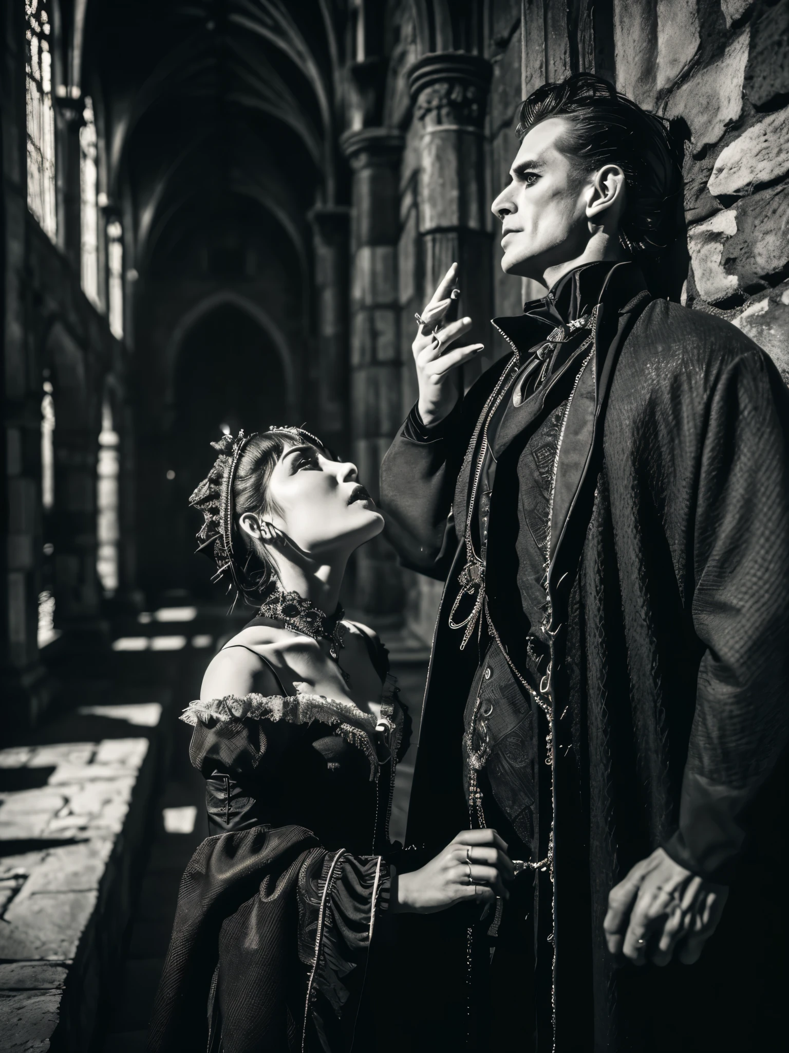 (masterpiece:1.3), (8K、photorealistic, Raw photo, best quality:1.4), (monochrome, Sepia tone, Scratching of the film), (Englishman), (decadent, mysterious, heretical), (gothic rock), (subculture), (gothic fashion), (gothic literature), (Frankenstein), (vampire), (Gothic ta), (gothic architecture), (christian architecture), (Symmetrical design), (ホールの中央でFrankensteinが立ち上がる:1.2), (decadent, mysterious, heretical), sharp focus, contrast lighting, high resolution 8k, crazy details, realistic, professional photography, 8k UHD, Single-lens reflex camera, soft light , high quality, film grain, Fujifilm XT3
